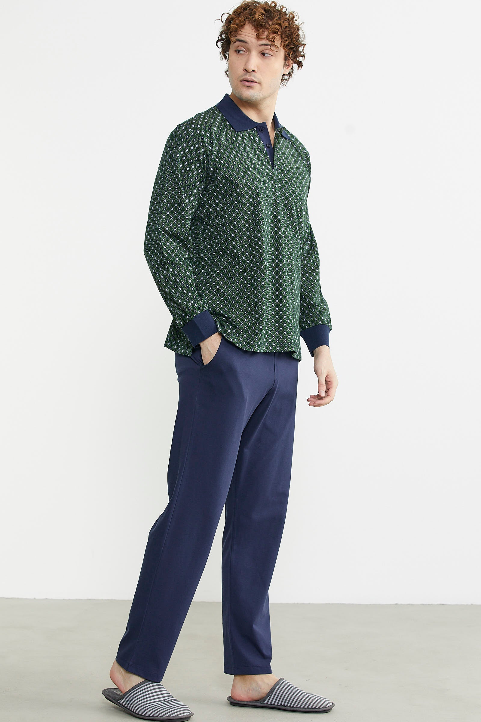 Polo Yaka Desen Kombinli Pijama Takım - Yeşil - Sementa