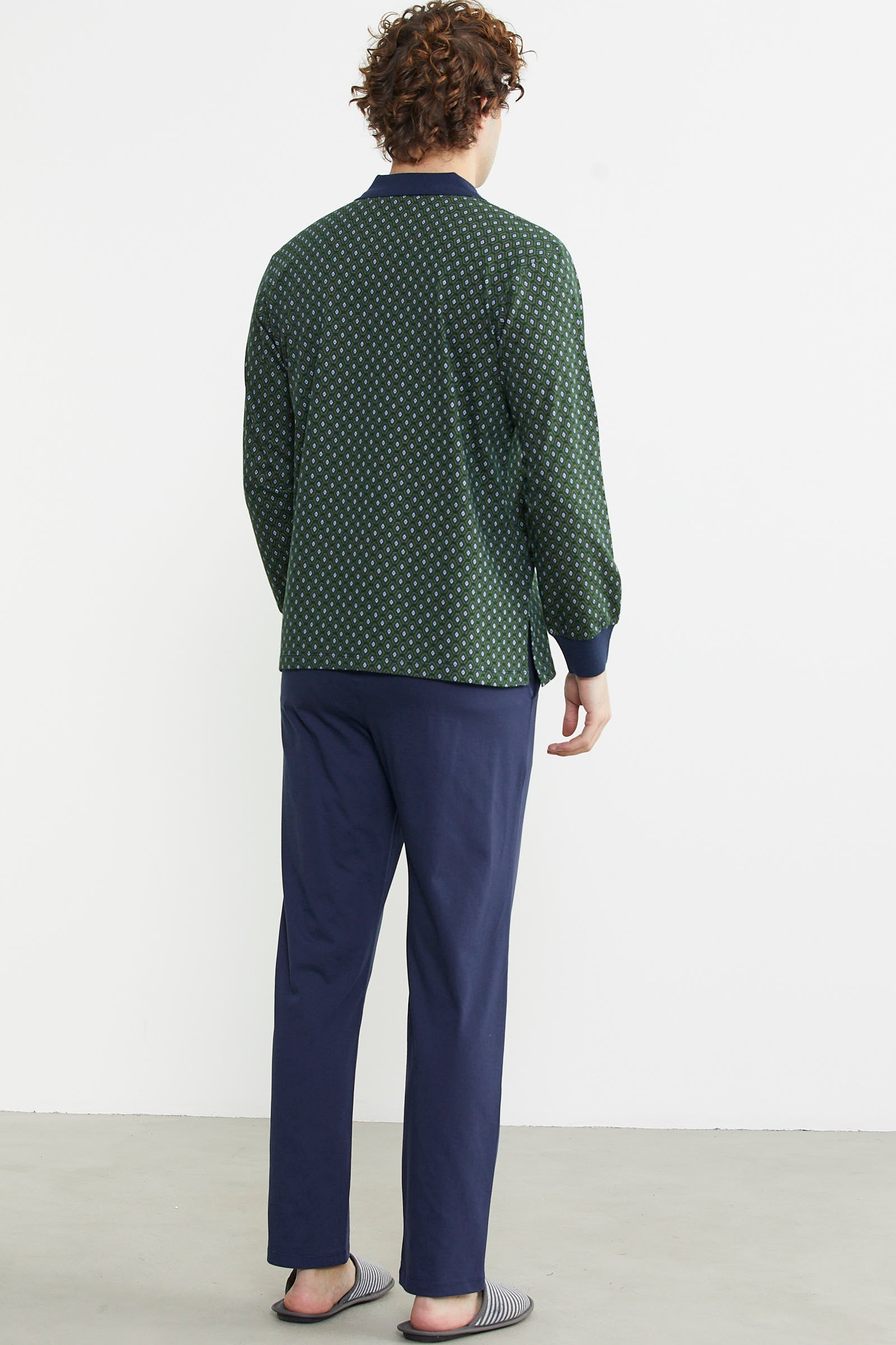 Polo Yaka Desen Kombinli Pijama Takım - Yeşil - Sementa