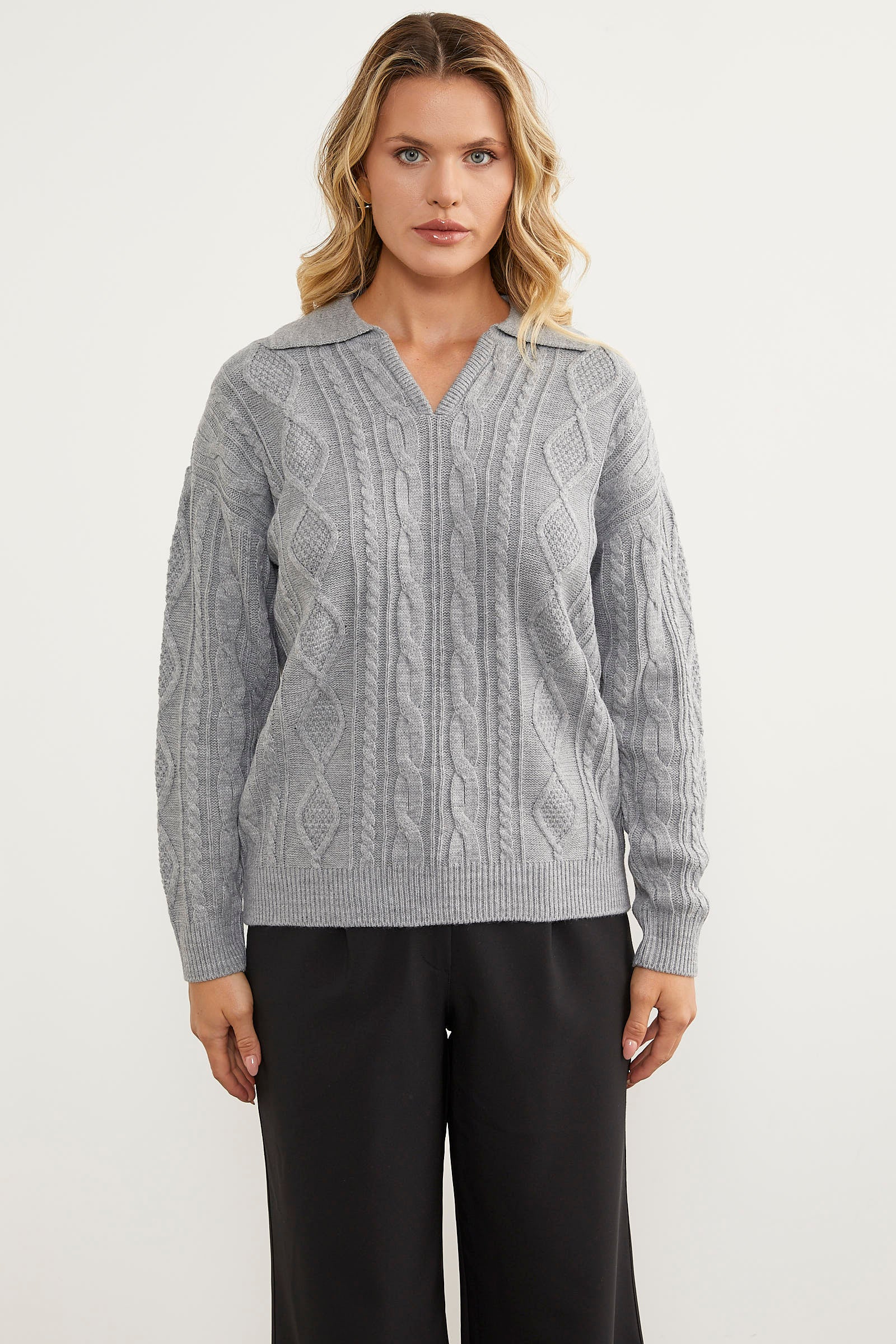 Polo Yaka Desenli Triko Kazak - Açık Gri (2) Sementa