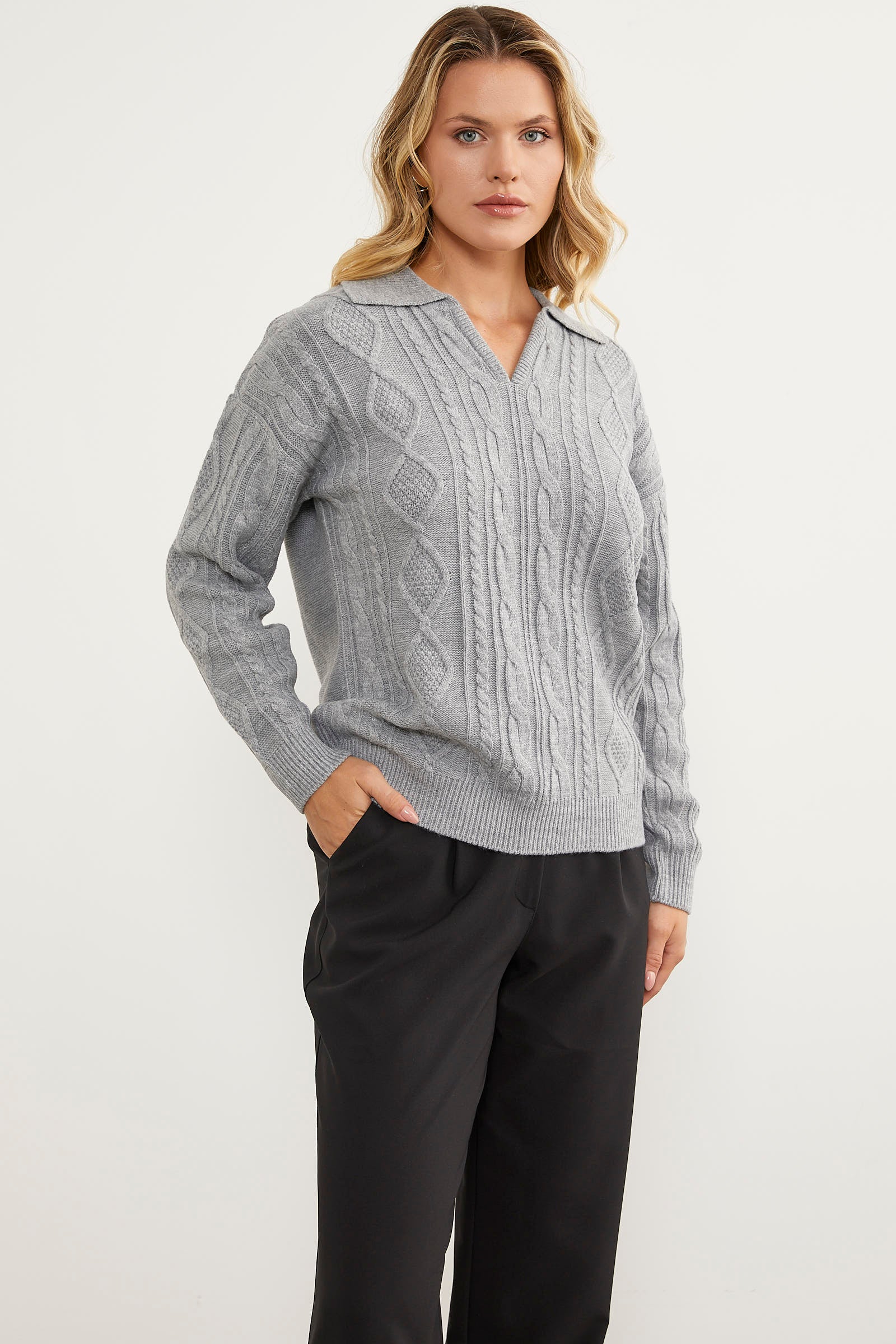 Polo Yaka Desenli Triko Kazak - Açık Gri (1) Sementa