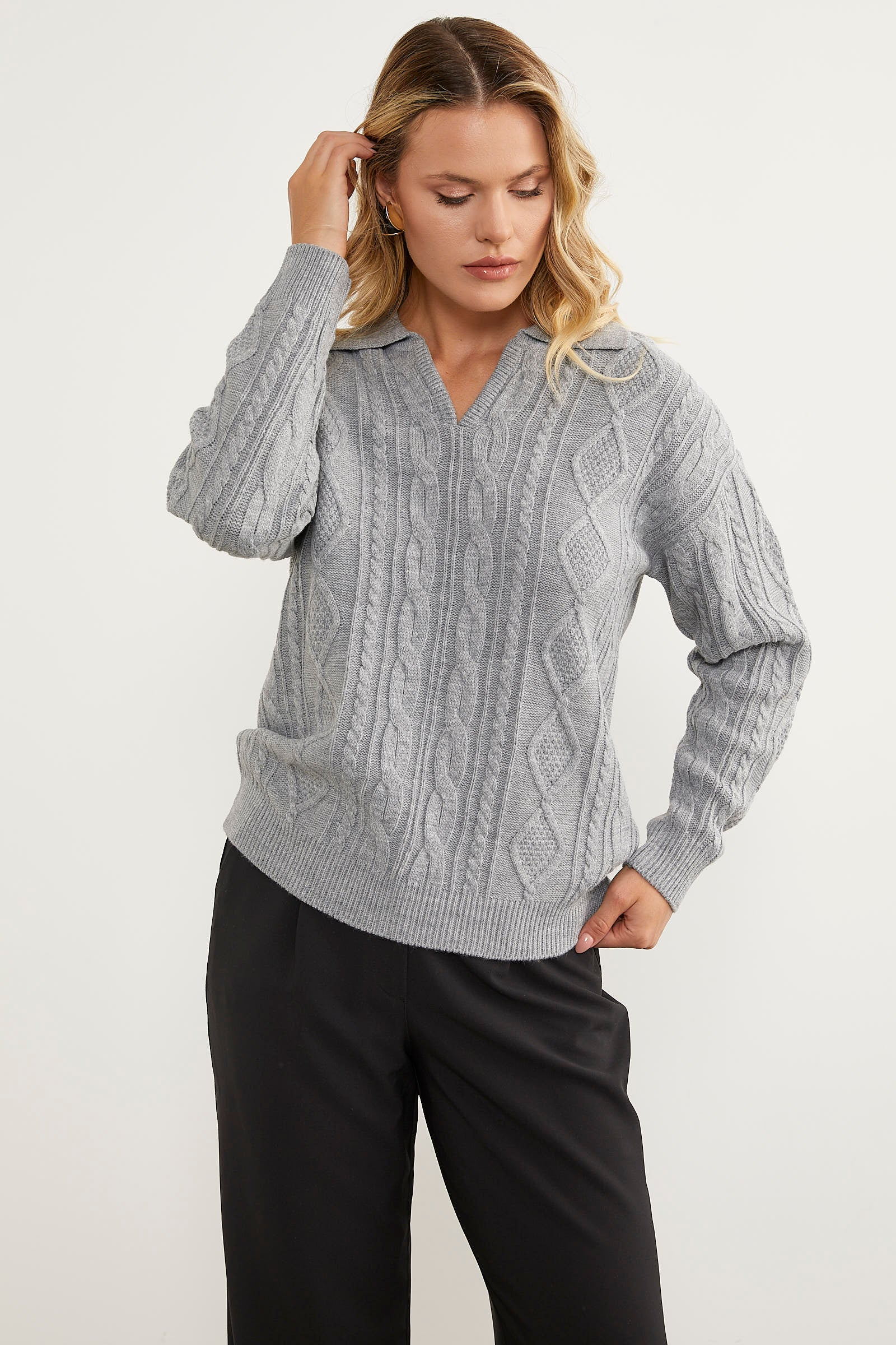 Polo Yaka Desenli Triko Kazak - Açık Gri (3) Sementa