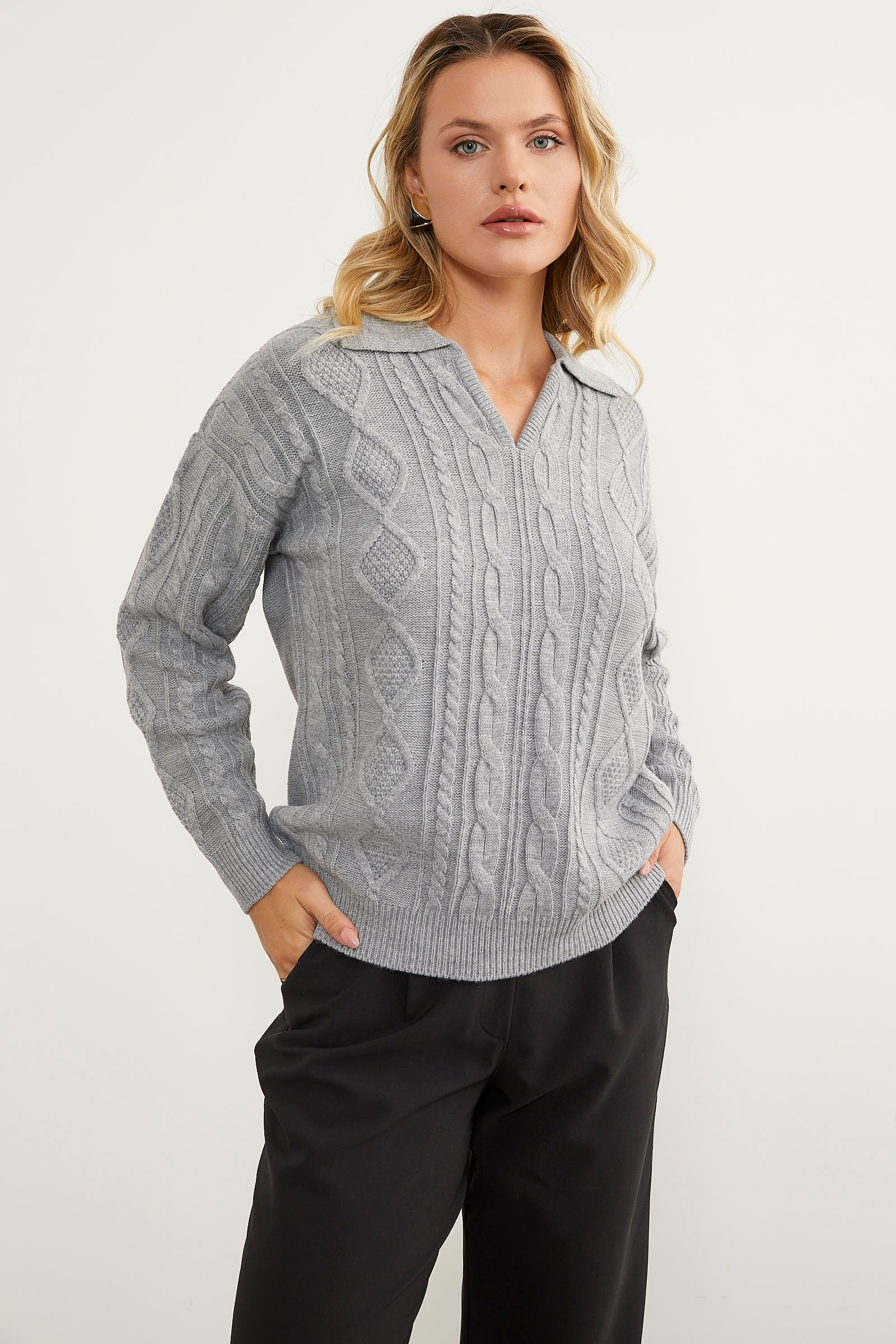 Polo Yaka Desenli Triko Kazak - Açık Gri (4) Sementa