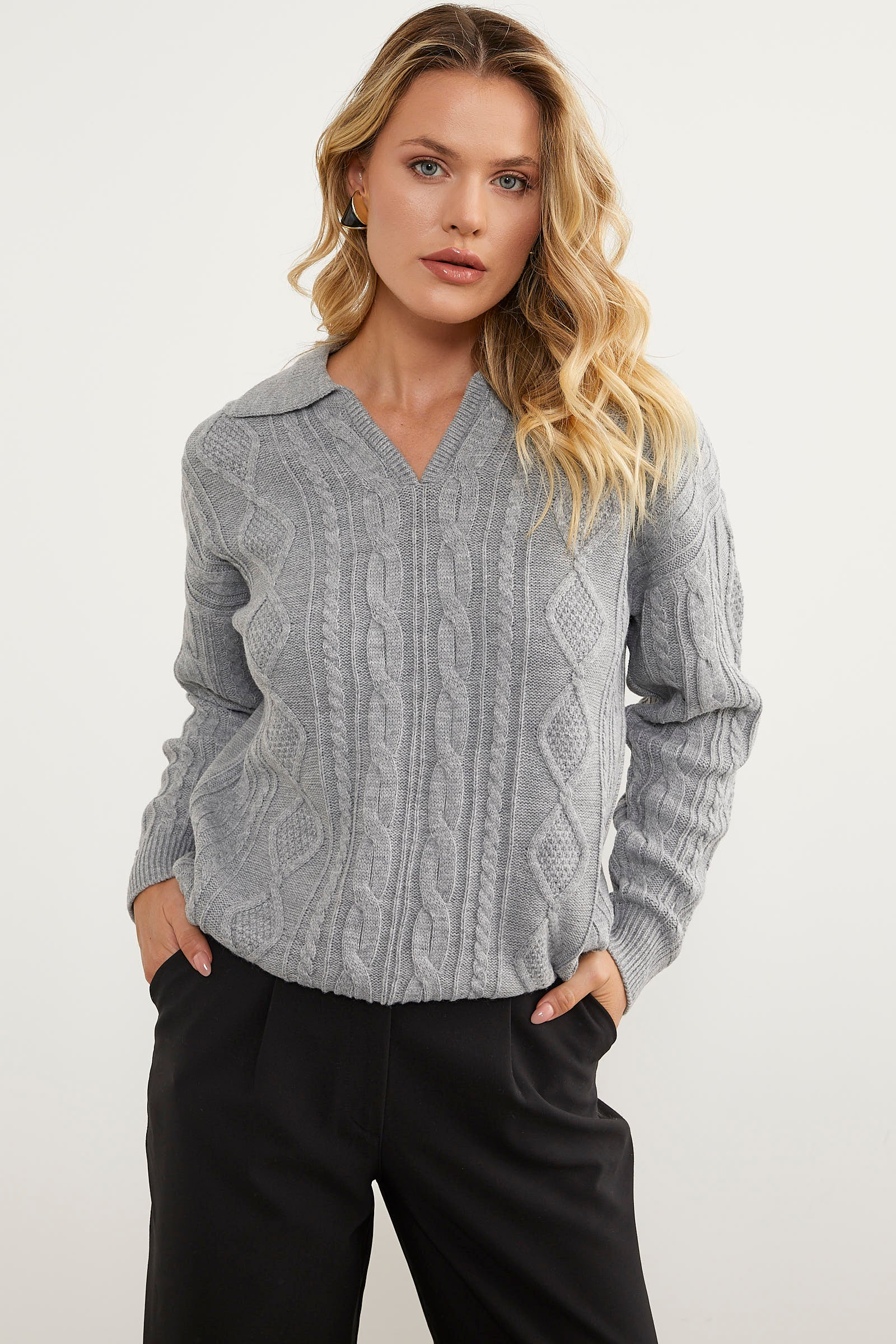 Polo Yaka Desenli Triko Kazak - Açık Gri (5) Sementa