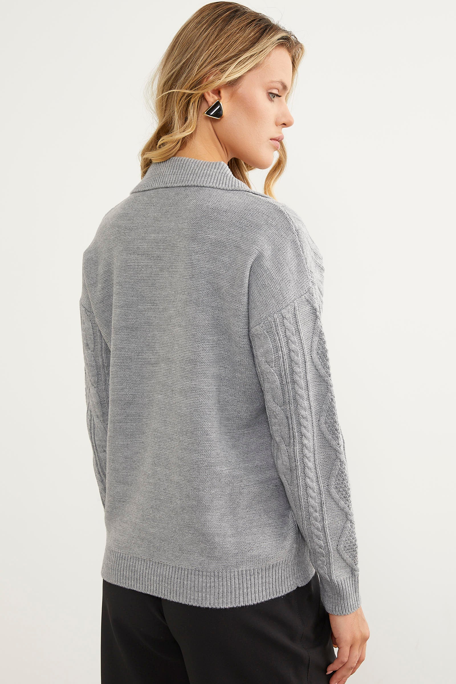 Polo Yaka Desenli Triko Kazak - Açık Gri (7) Sementa