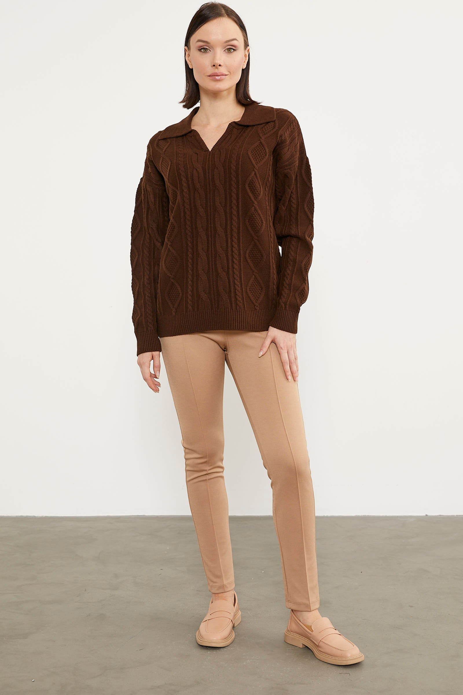 Polo Yaka Desenli Triko Kazak - Kahve (1) Sementa