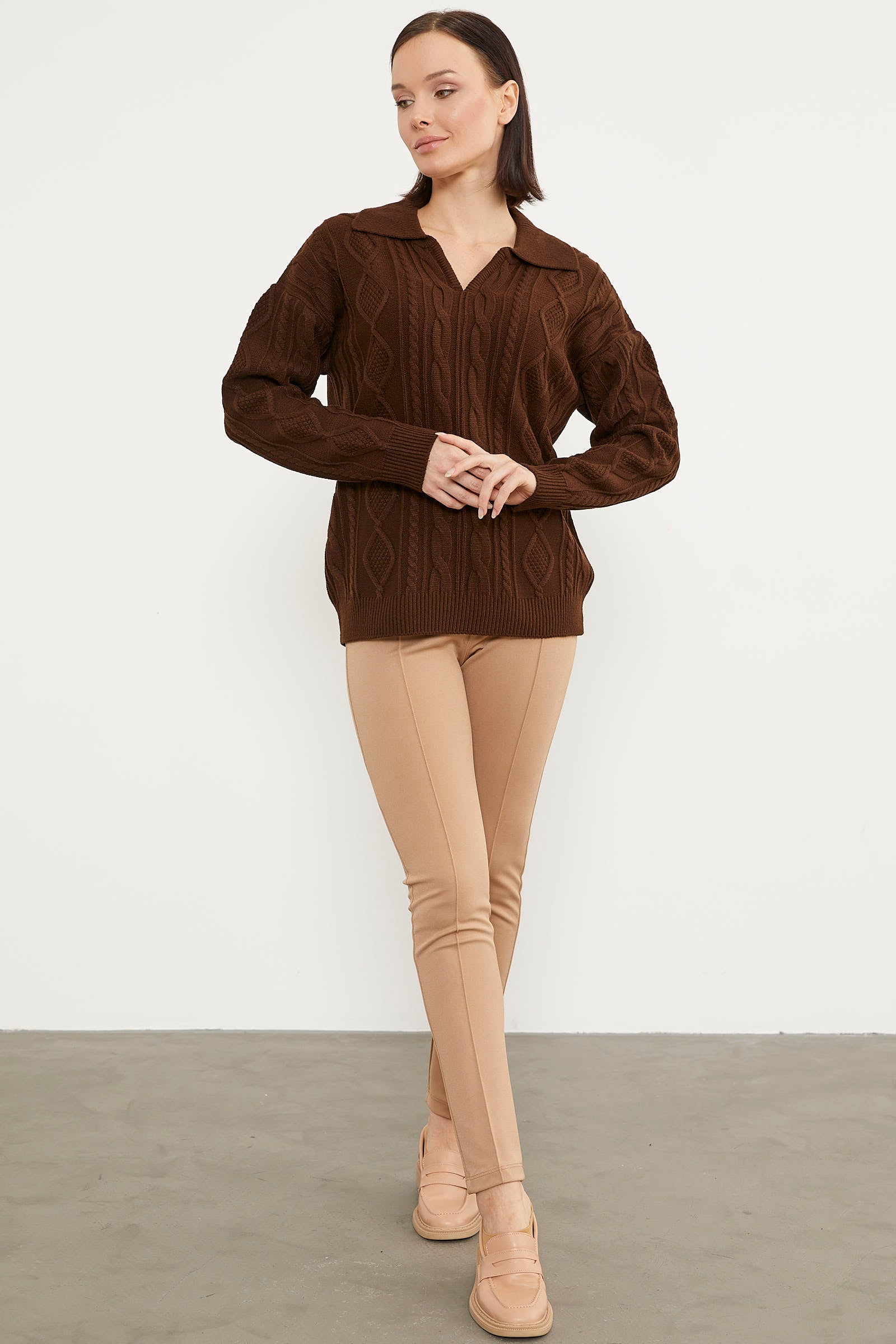 Polo Yaka Desenli Triko Kazak - Kahve (2) Sementa