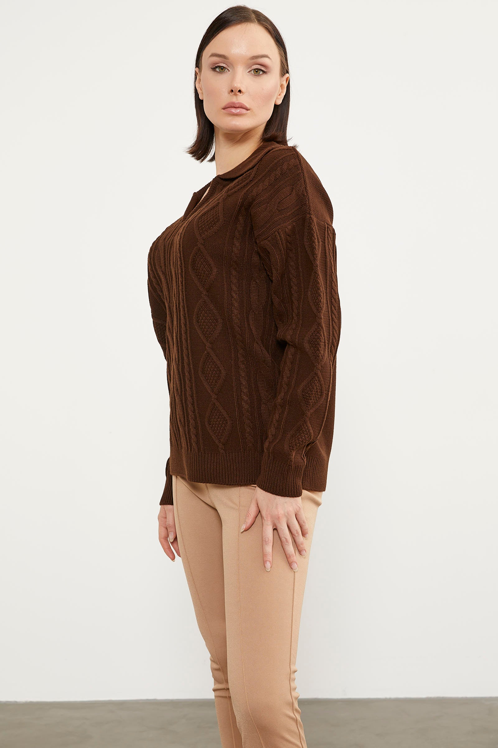 Polo Yaka Desenli Triko Kazak - Kahve (3) Sementa