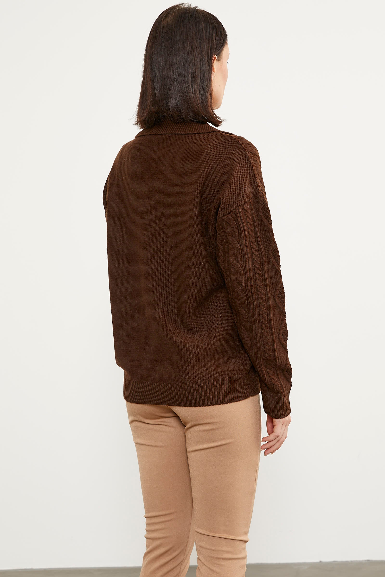 Polo Yaka Desenli Triko Kazak - Kahve (4) Sementa