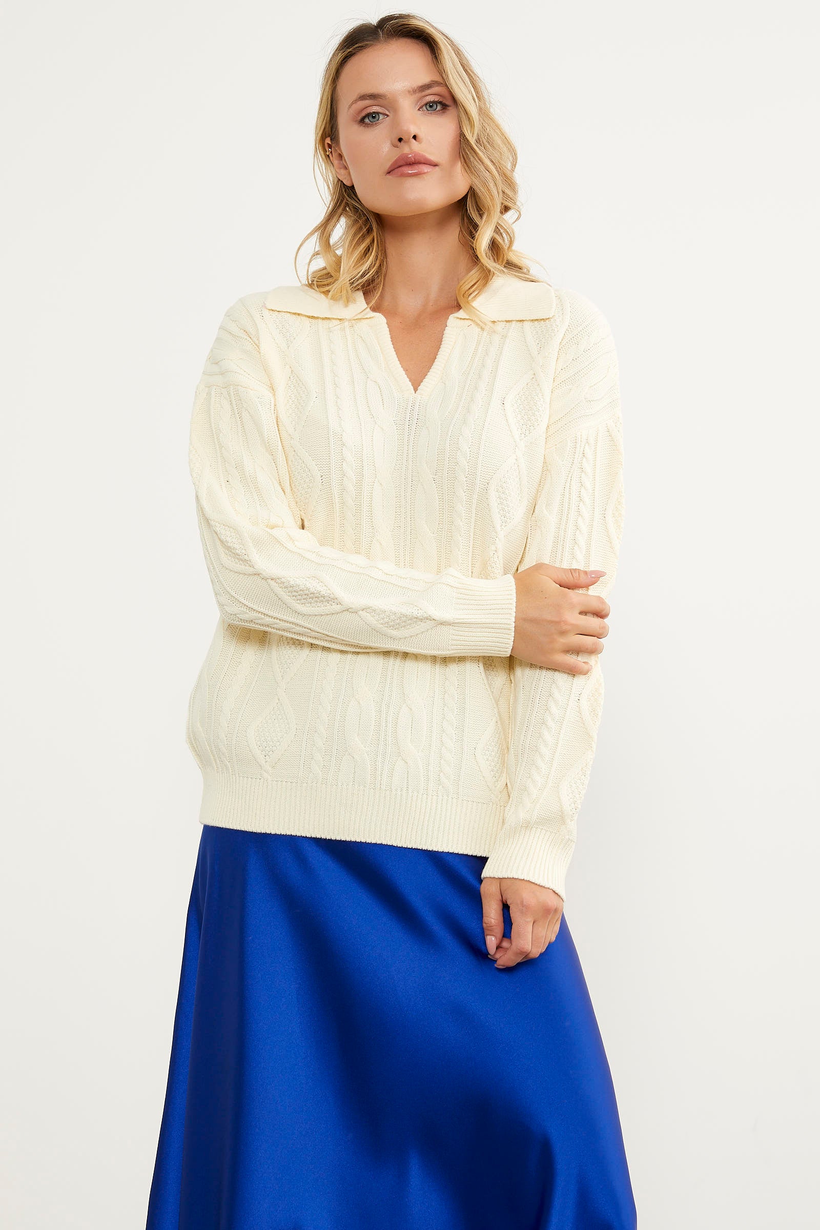 Polo Yaka Desenli Triko Kazak - Kemik (2) Sementa