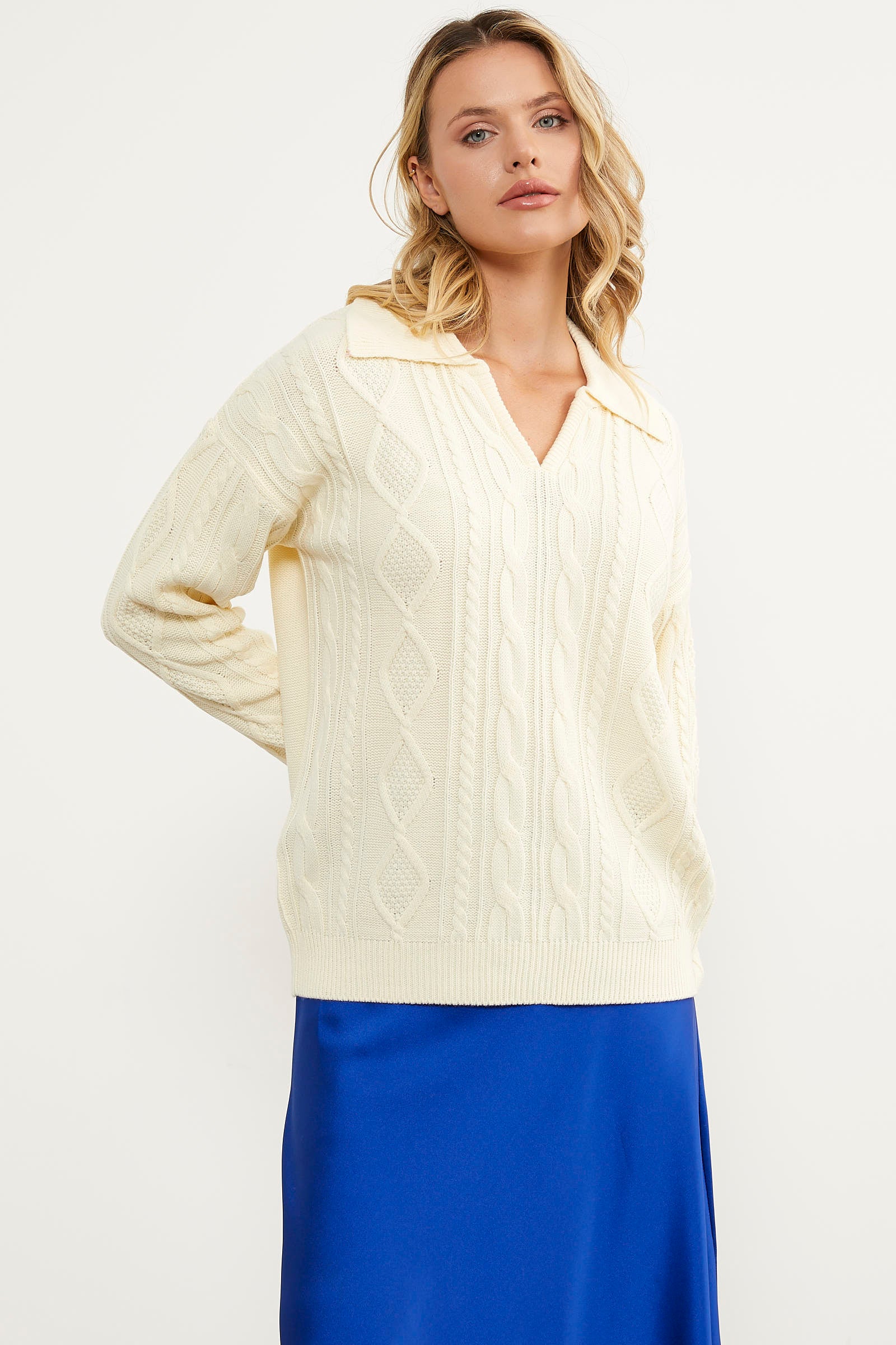 Polo Yaka Desenli Triko Kazak - Kemik (6) Sementa