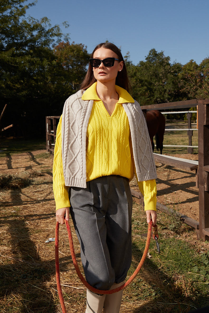 Polo Yaka Desenli Triko Kazak - Sarı (2) Sementa