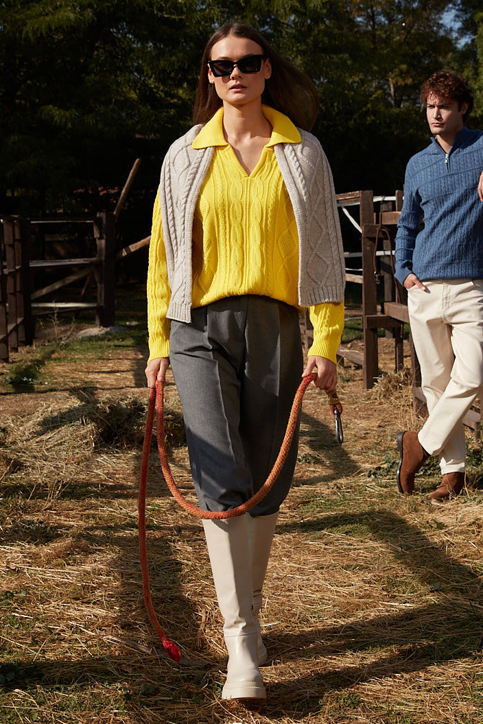 Polo Yaka Desenli Triko Kazak - Sarı (4) Sementa