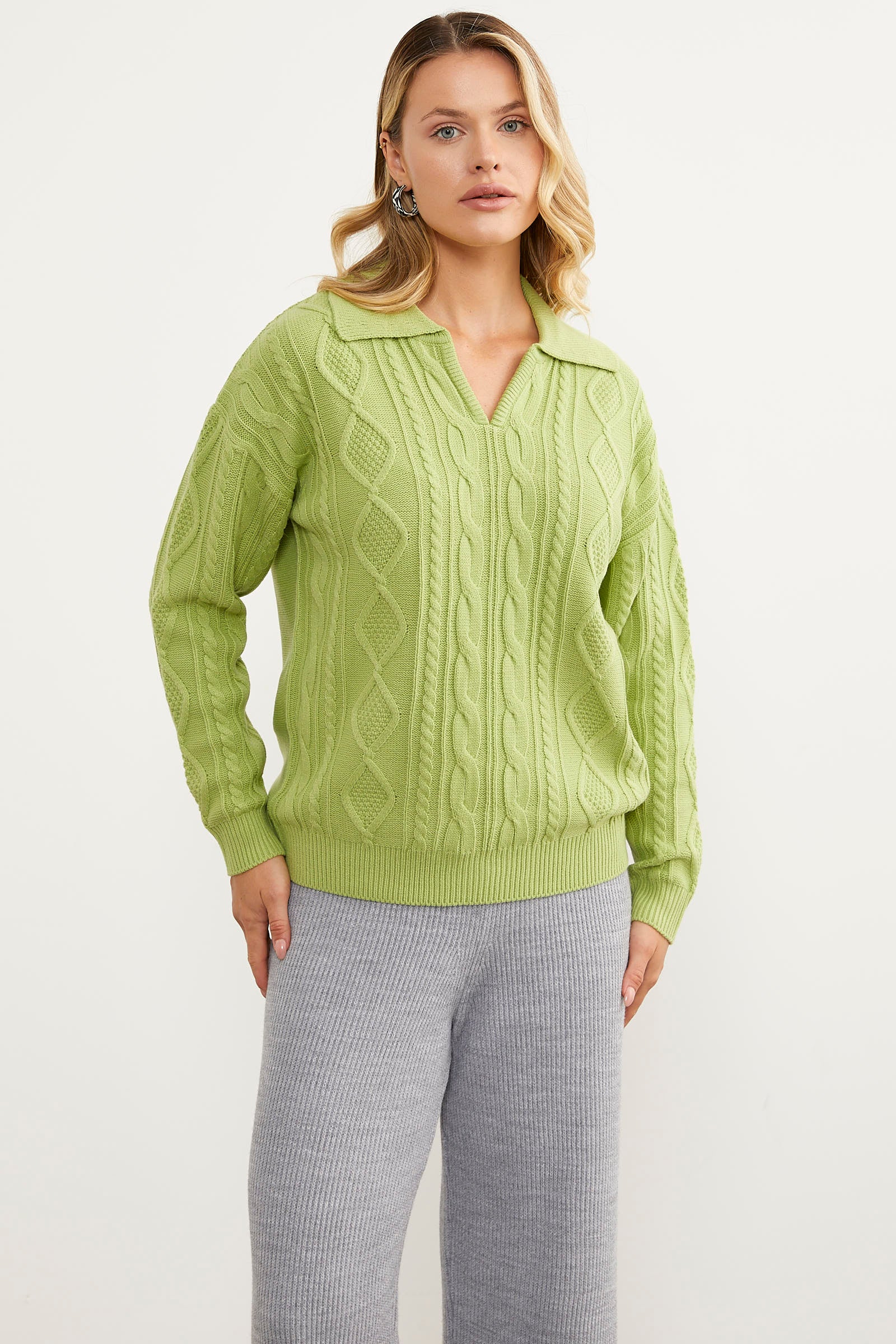 Polo Yaka Desenli Triko Kazak - Yeşil (2) Sementa