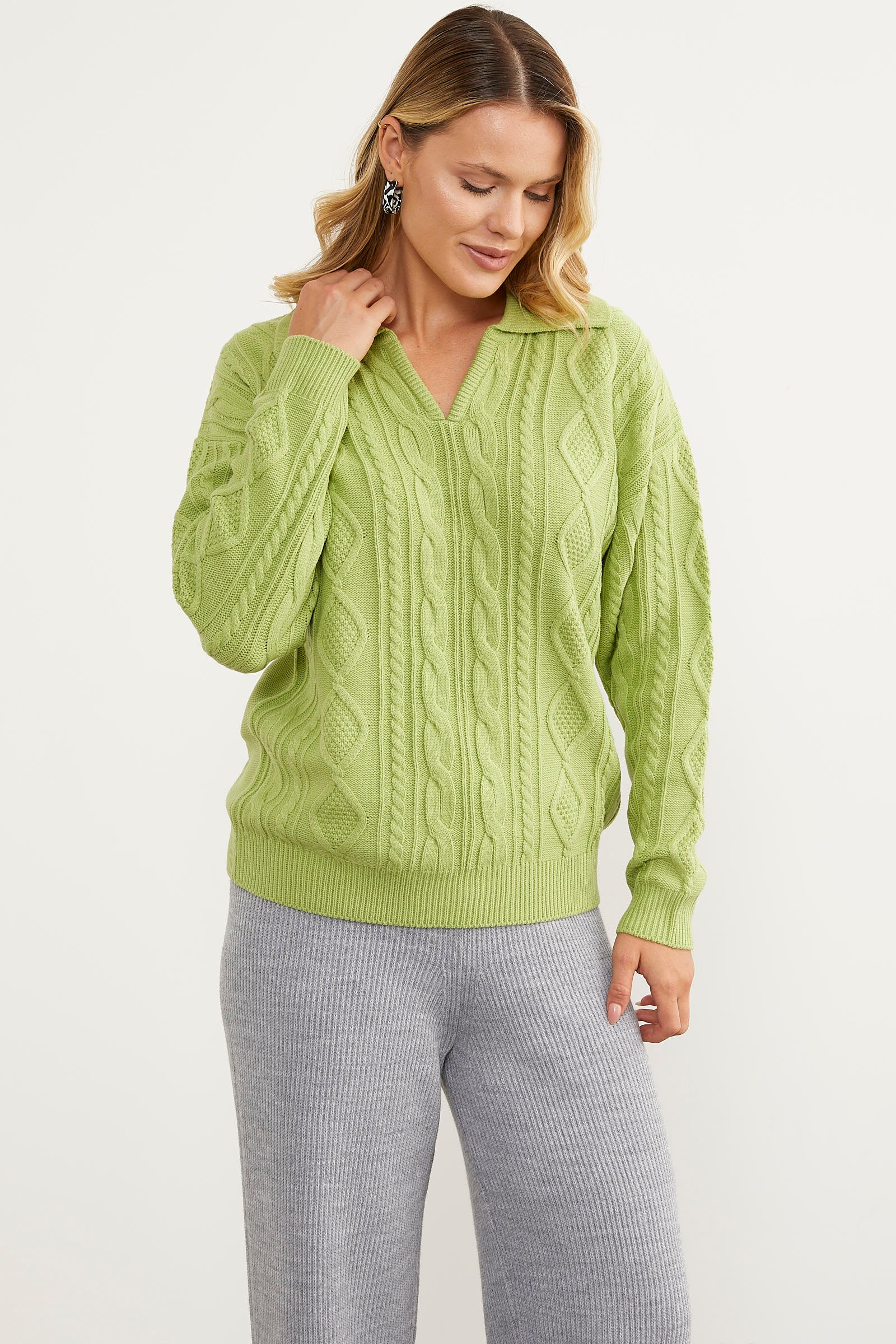 Polo Yaka Desenli Triko Kazak - Yeşil (3) Sementa