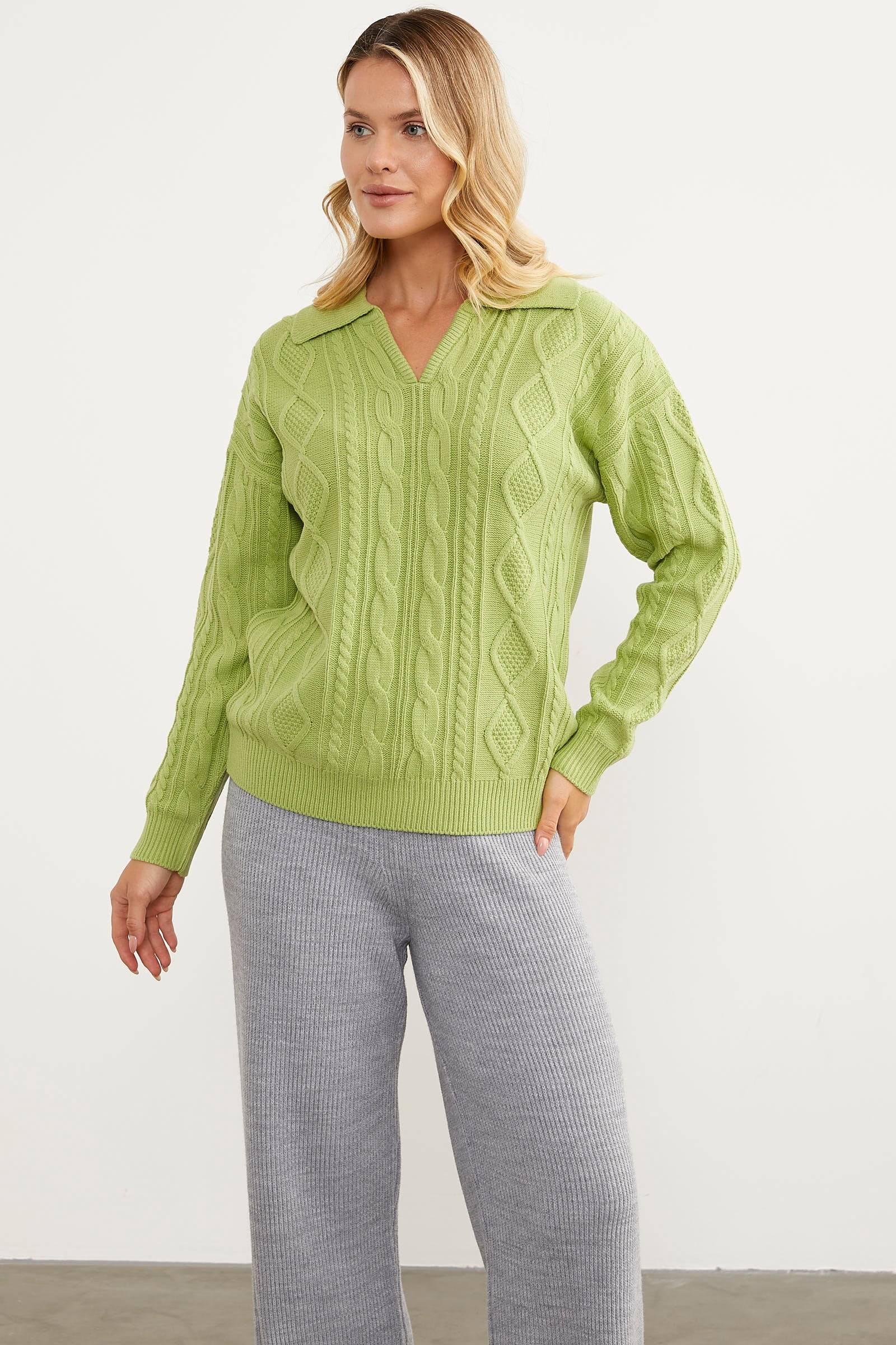 Polo Yaka Desenli Triko Kazak - Yeşil (4) Sementa