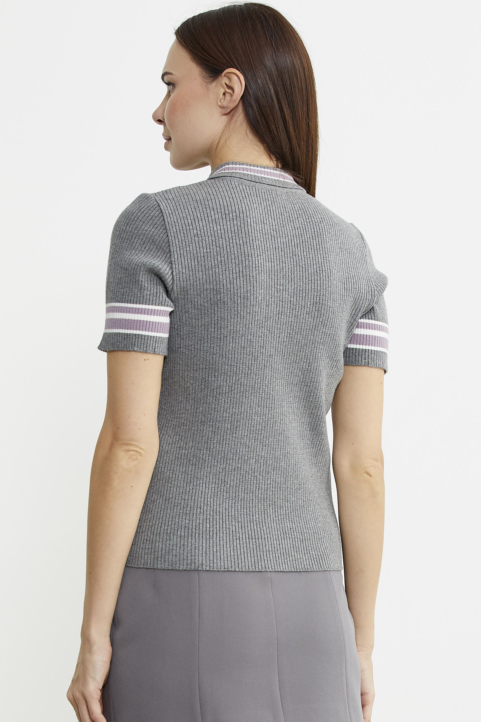 Polo Yaka Düğmeli Kısa Kol Triko Kazak - Gri - Sementa