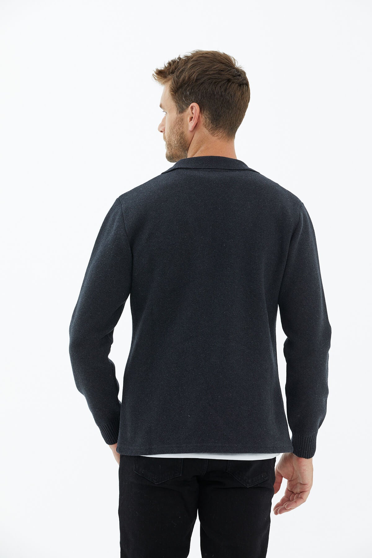 Polo Yaka Düğmeli Triko Ceket - Antrasit (4) Sementa