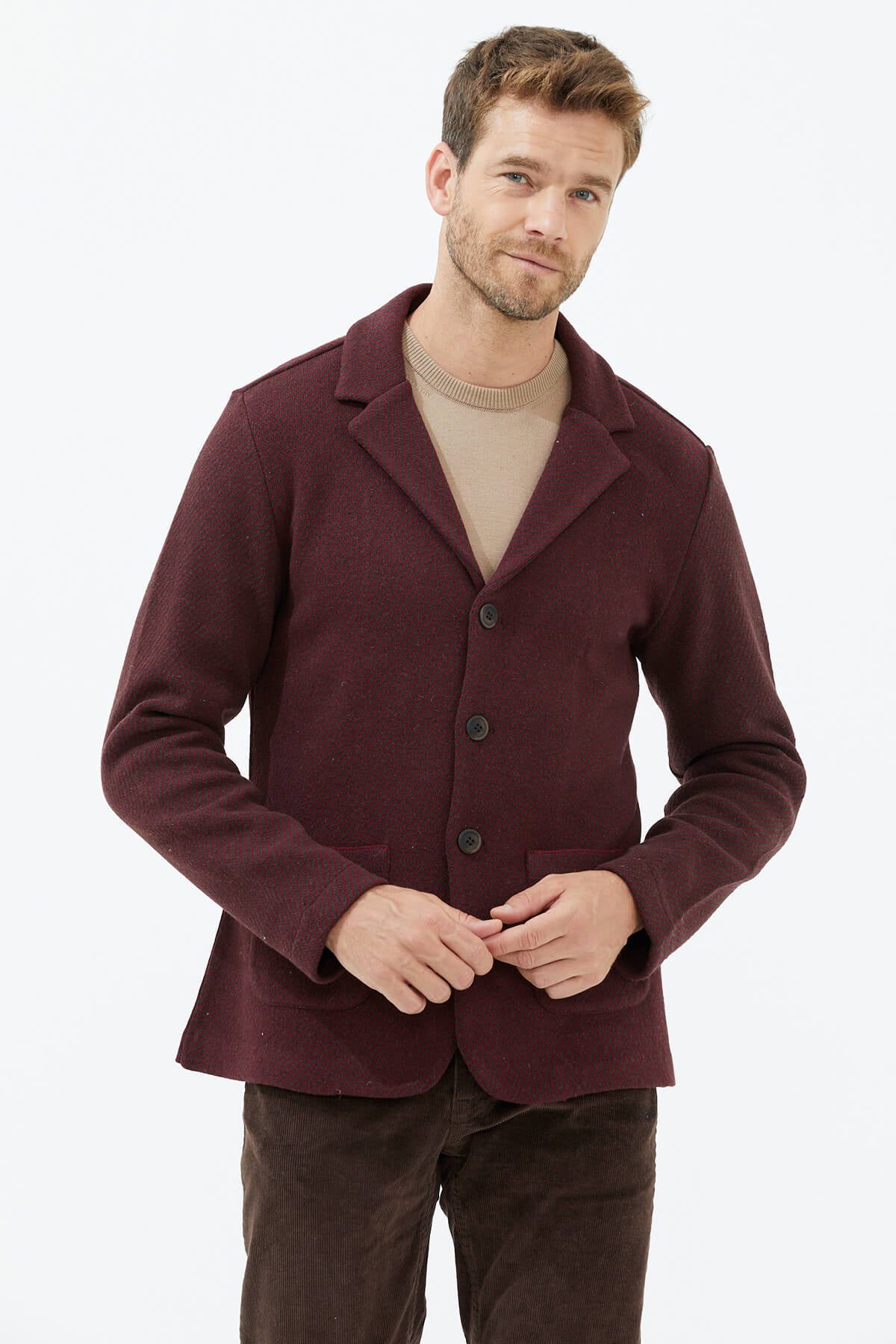 Polo Yaka Düğmeli Triko Ceket - Bordo (4) Sementa