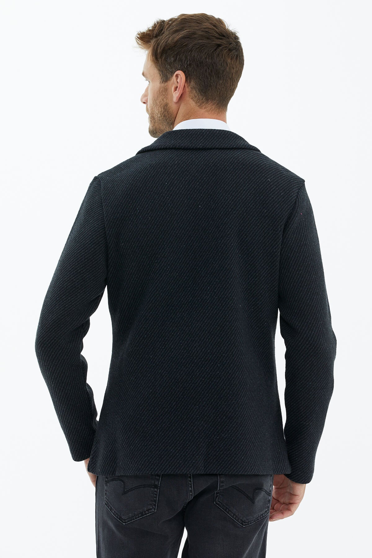 Polo Yaka Düğmeli Triko Ceket - Siyah (4) Sementa