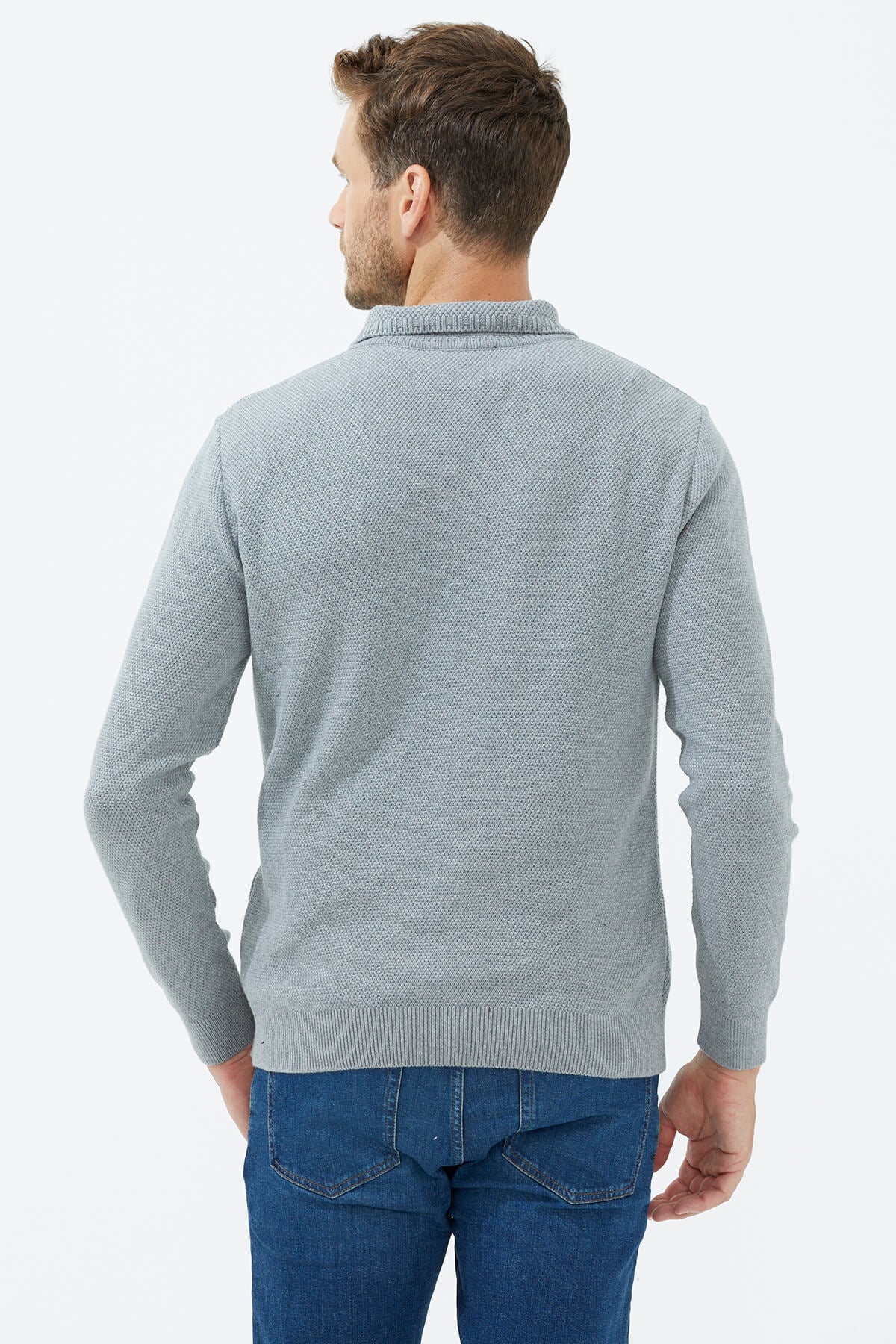 Polo Yaka Düğmeli Triko Kazak - Açık Gri (4) Sementa