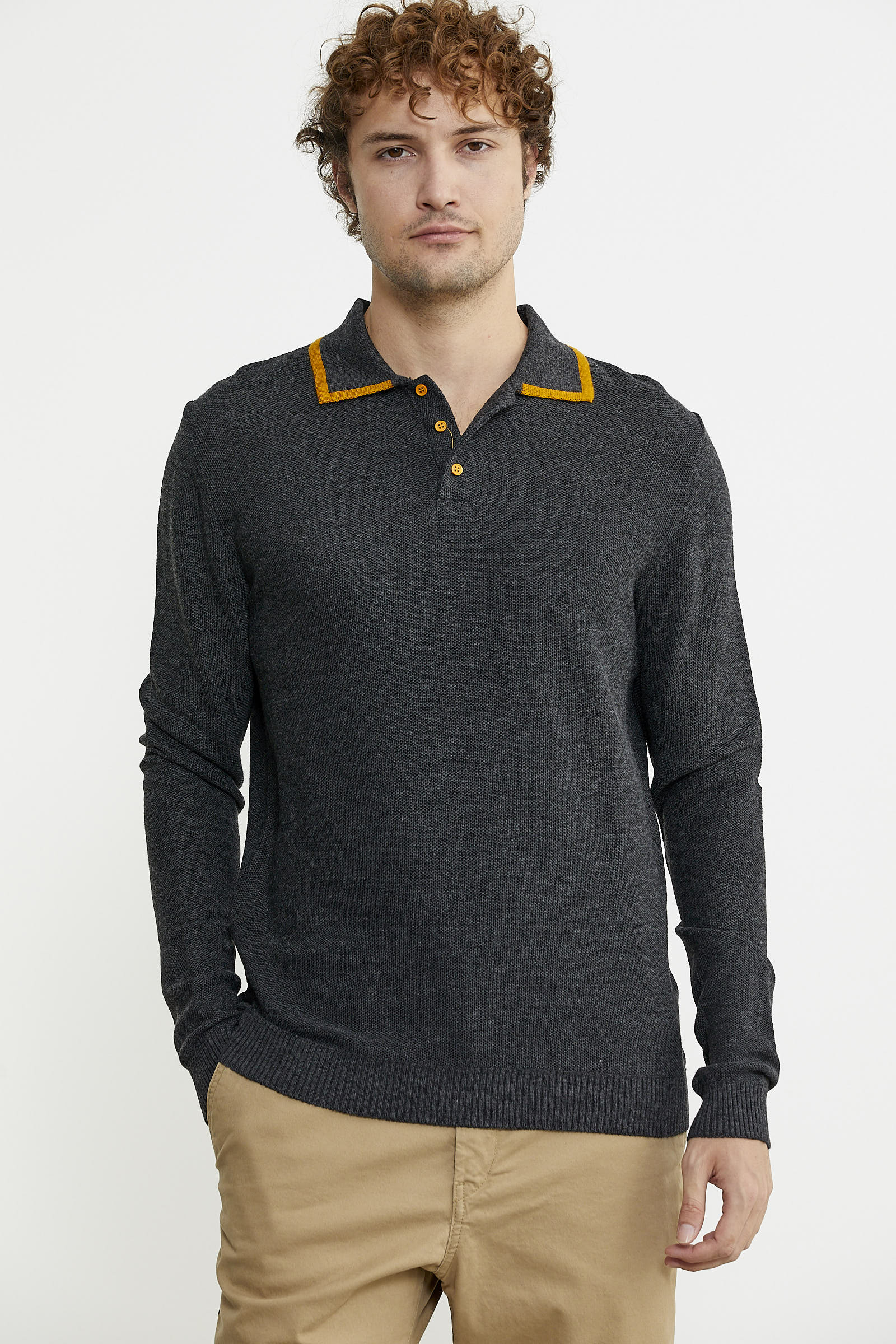 Polo Yaka Düğmeli Triko Kazak - Antrasit - Sementa