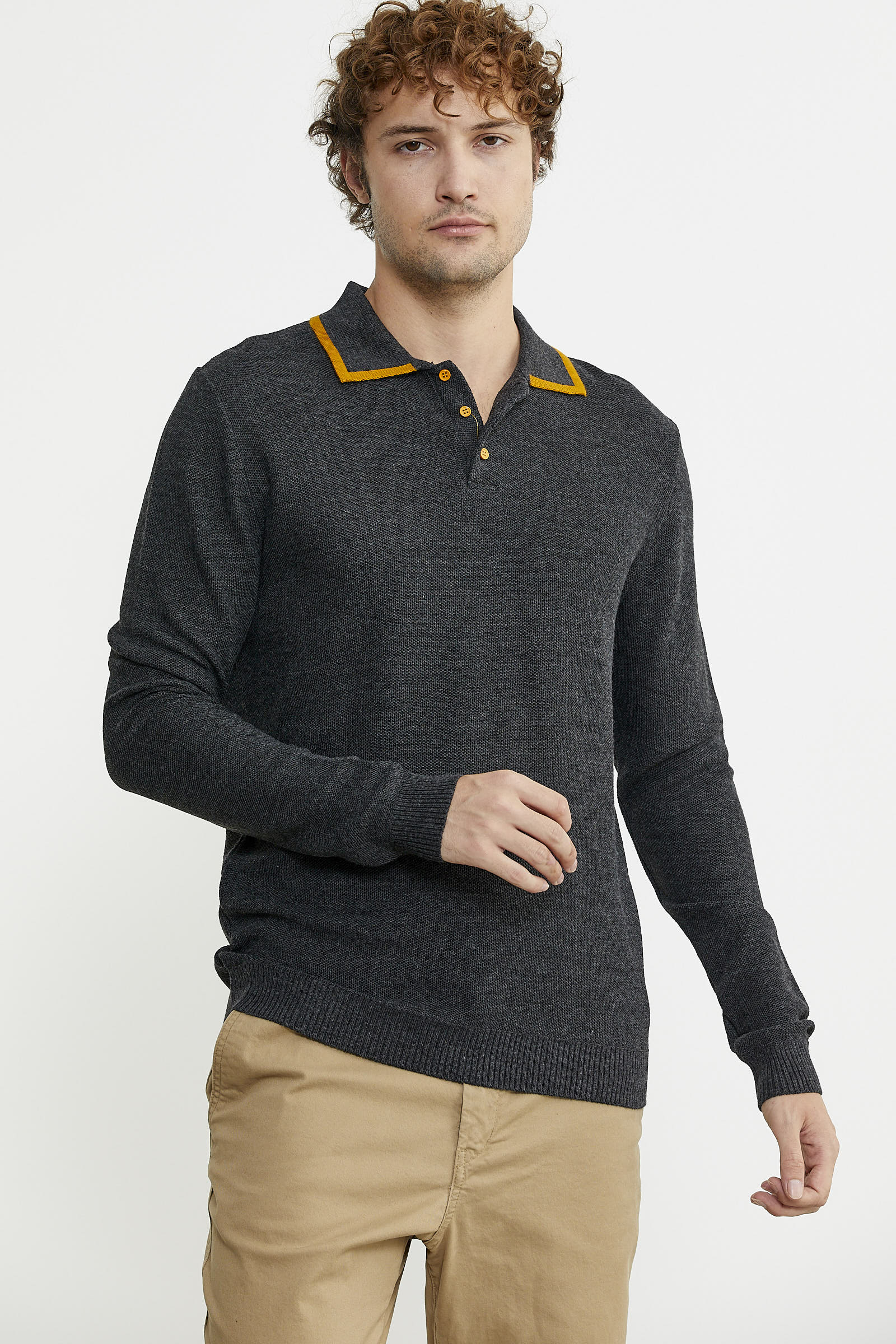 Polo Yaka Düğmeli Triko Kazak - Antrasit - Sementa