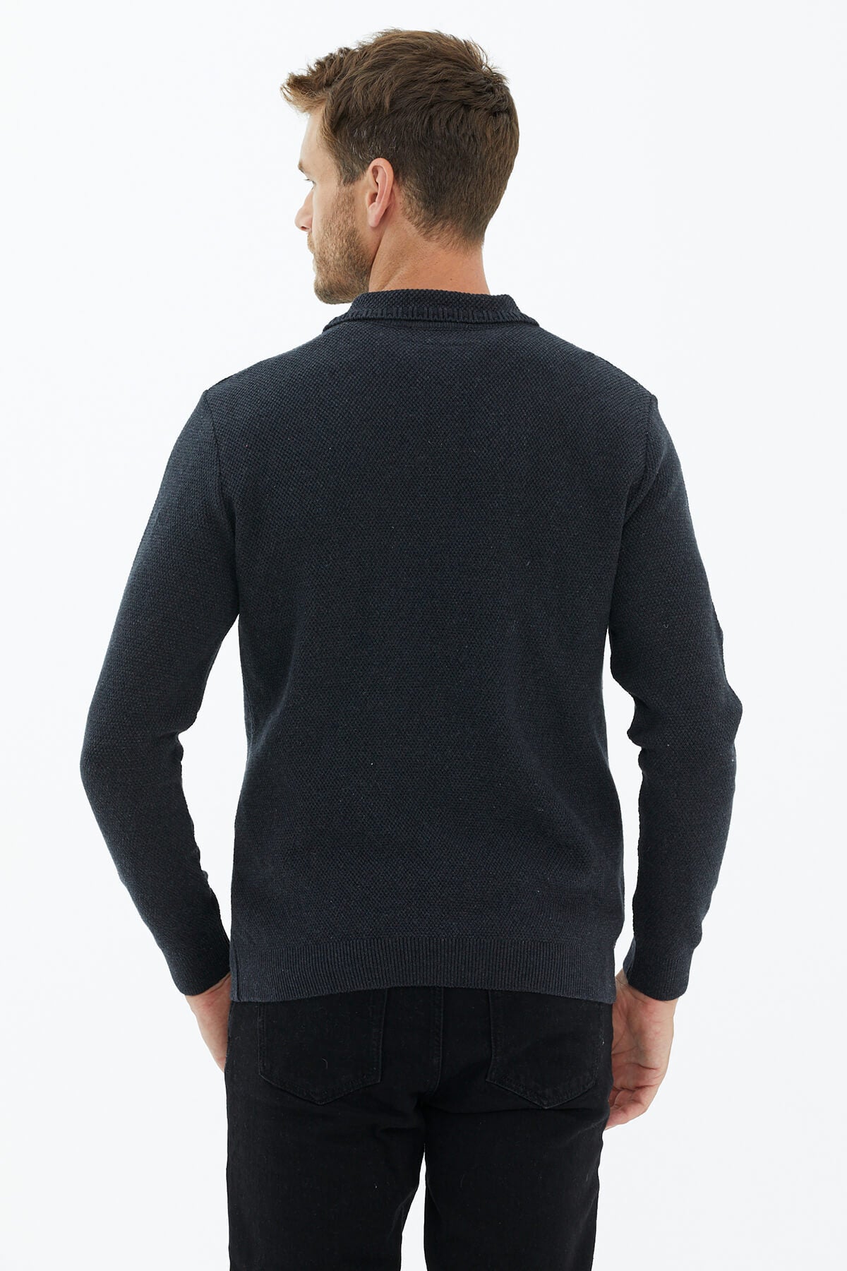 Polo Yaka Düğmeli Triko Kazak - Antrasit (4) Sementa