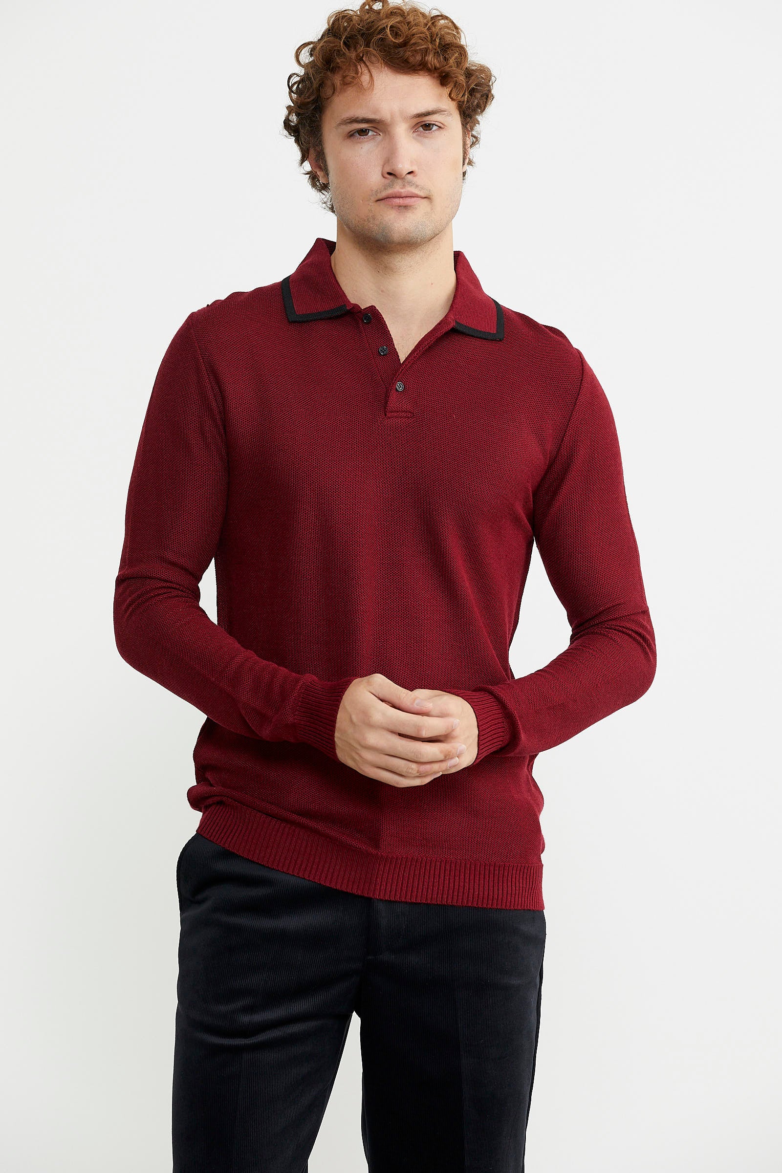 Polo Yaka Düğmeli Triko Kazak - Bordo - Sementa