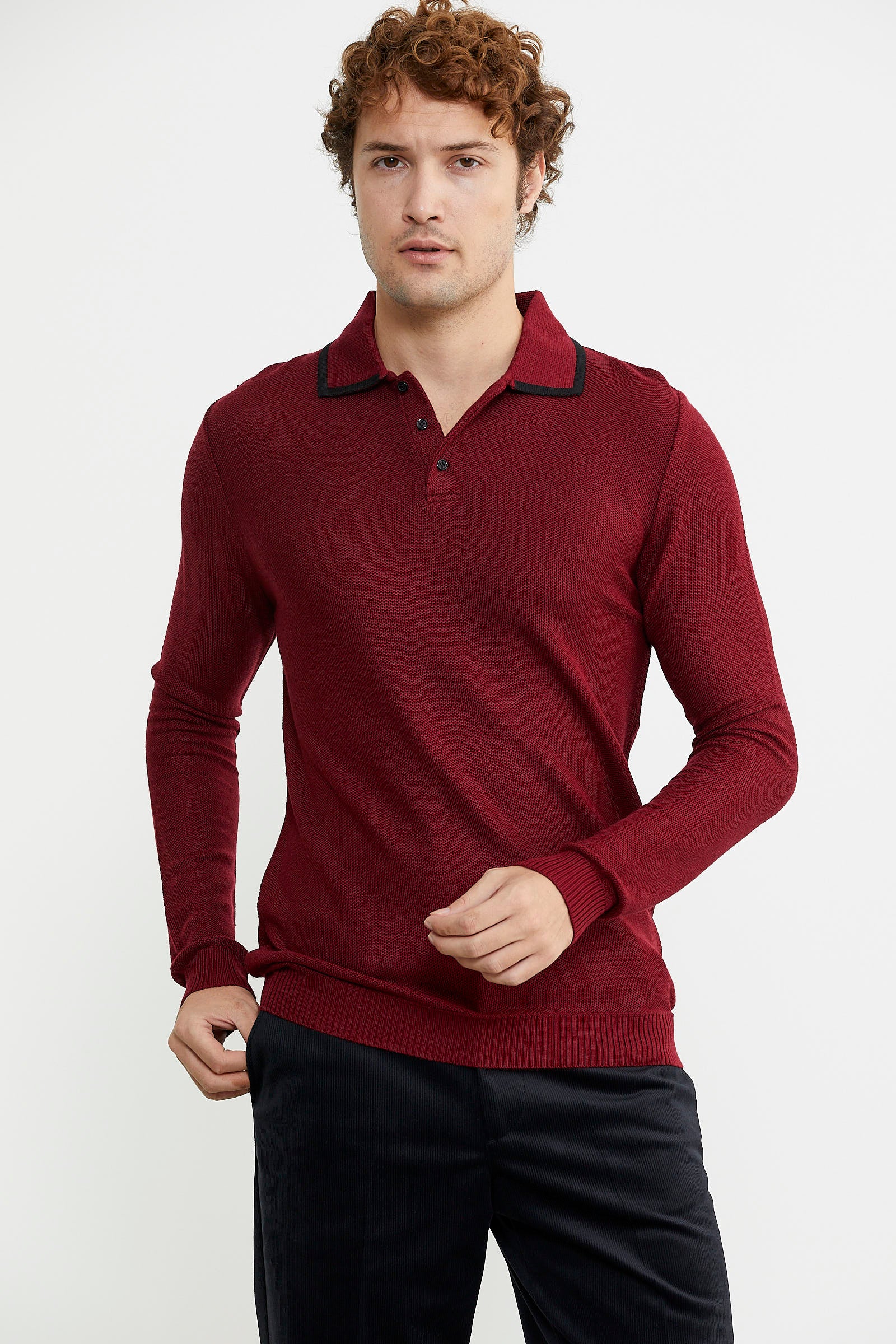 Polo Yaka Düğmeli Triko Kazak - Bordo - Sementa