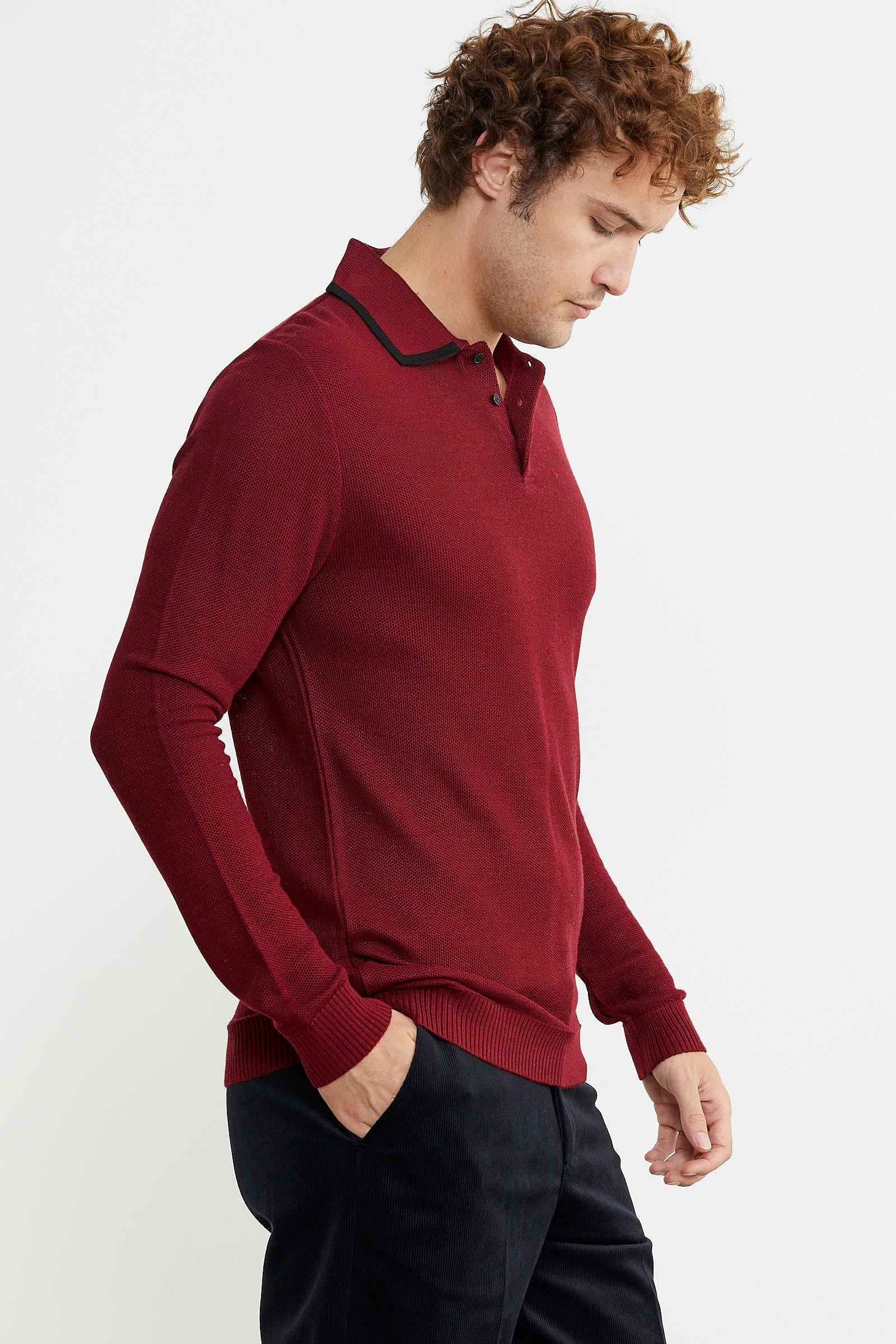 Polo Yaka Düğmeli Triko Kazak - Bordo - Sementa