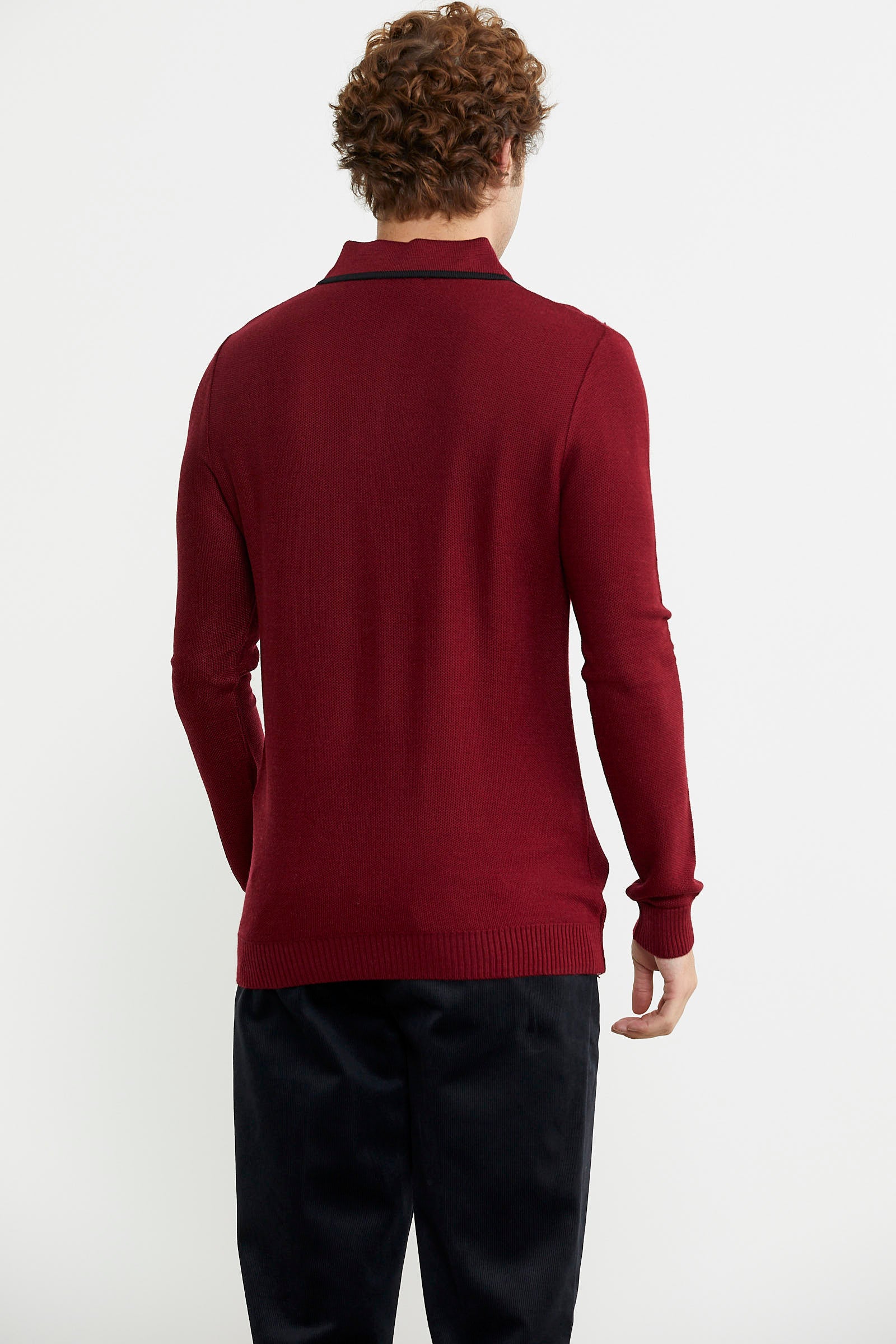 Polo Yaka Düğmeli Triko Kazak - Bordo - Sementa