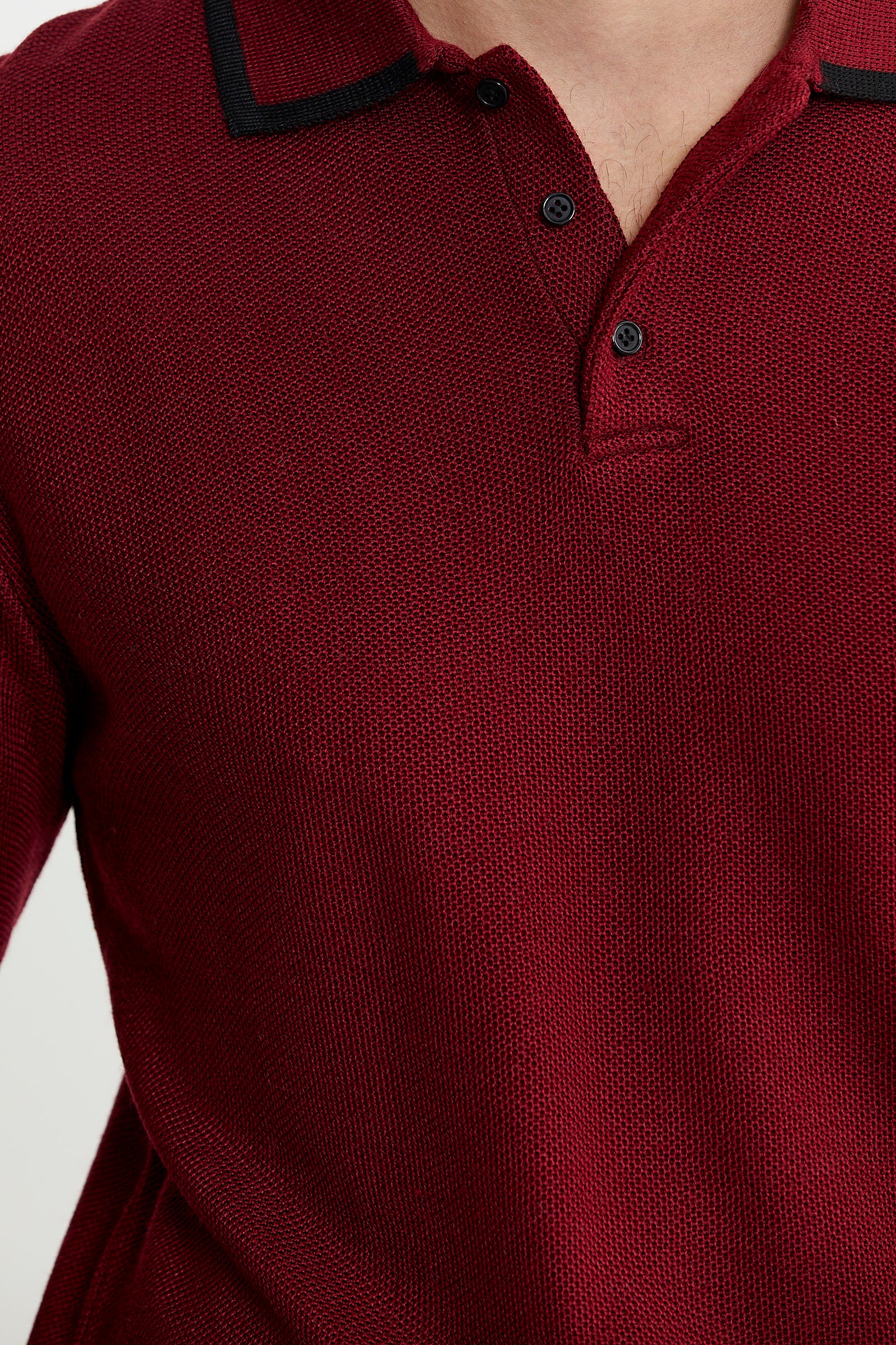 Polo Yaka Düğmeli Triko Kazak - Bordo - Sementa