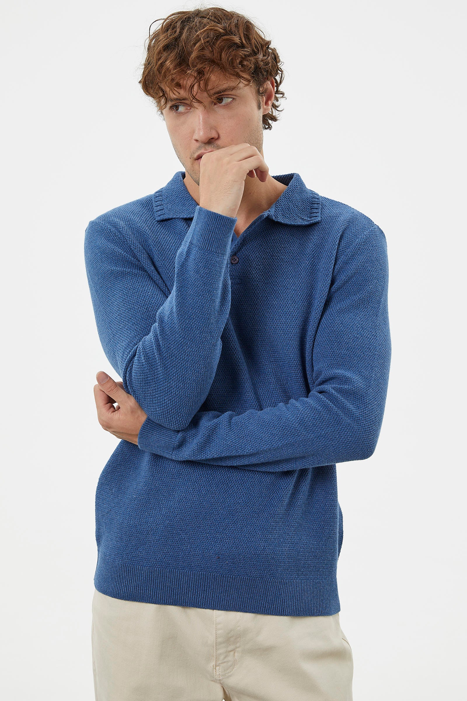 Polo Yaka Düğmeli Triko Kazak - Indigo (3) Sementa