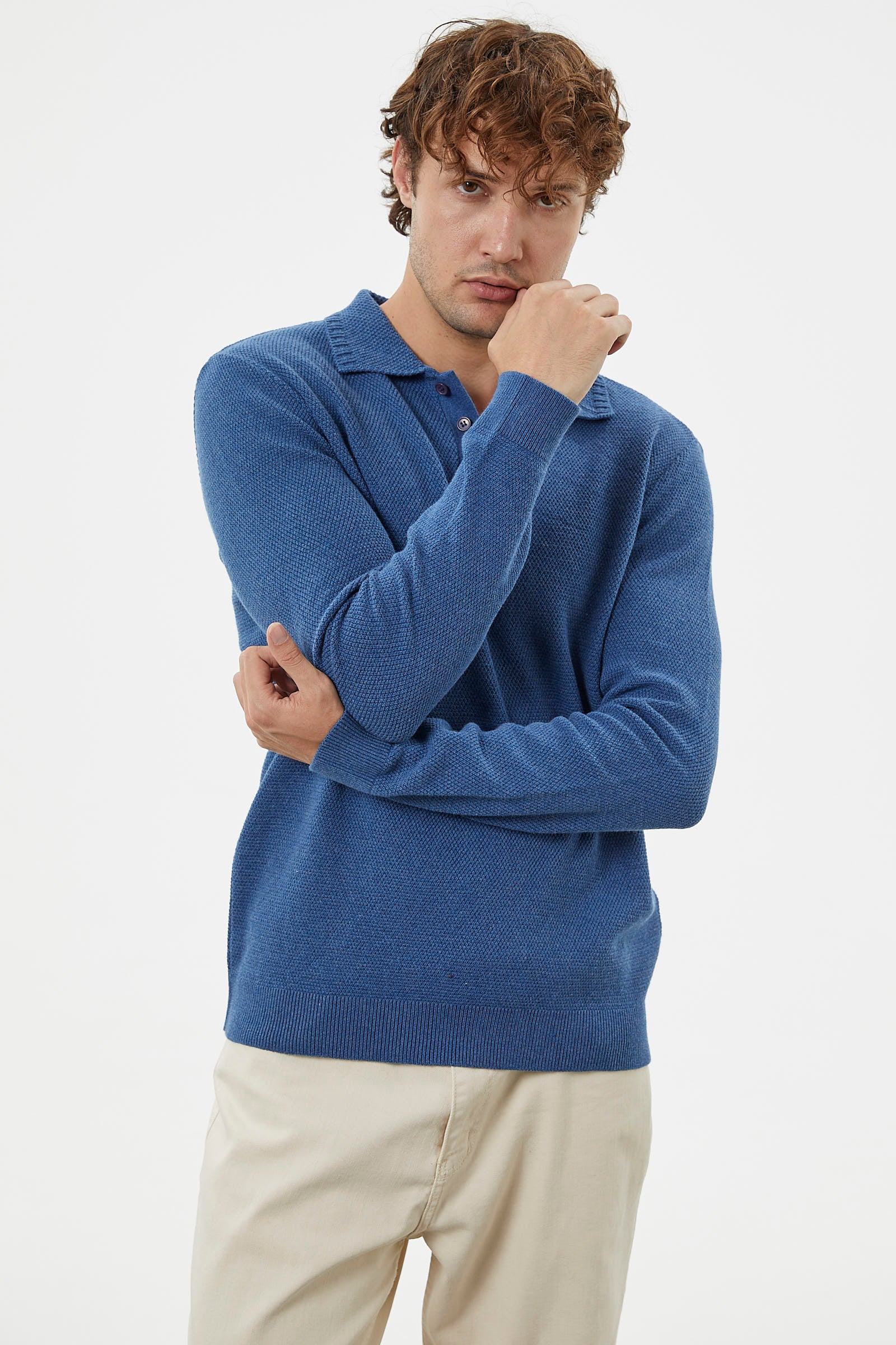 Polo Yaka Düğmeli Triko Kazak - Indigo (2) Sementa