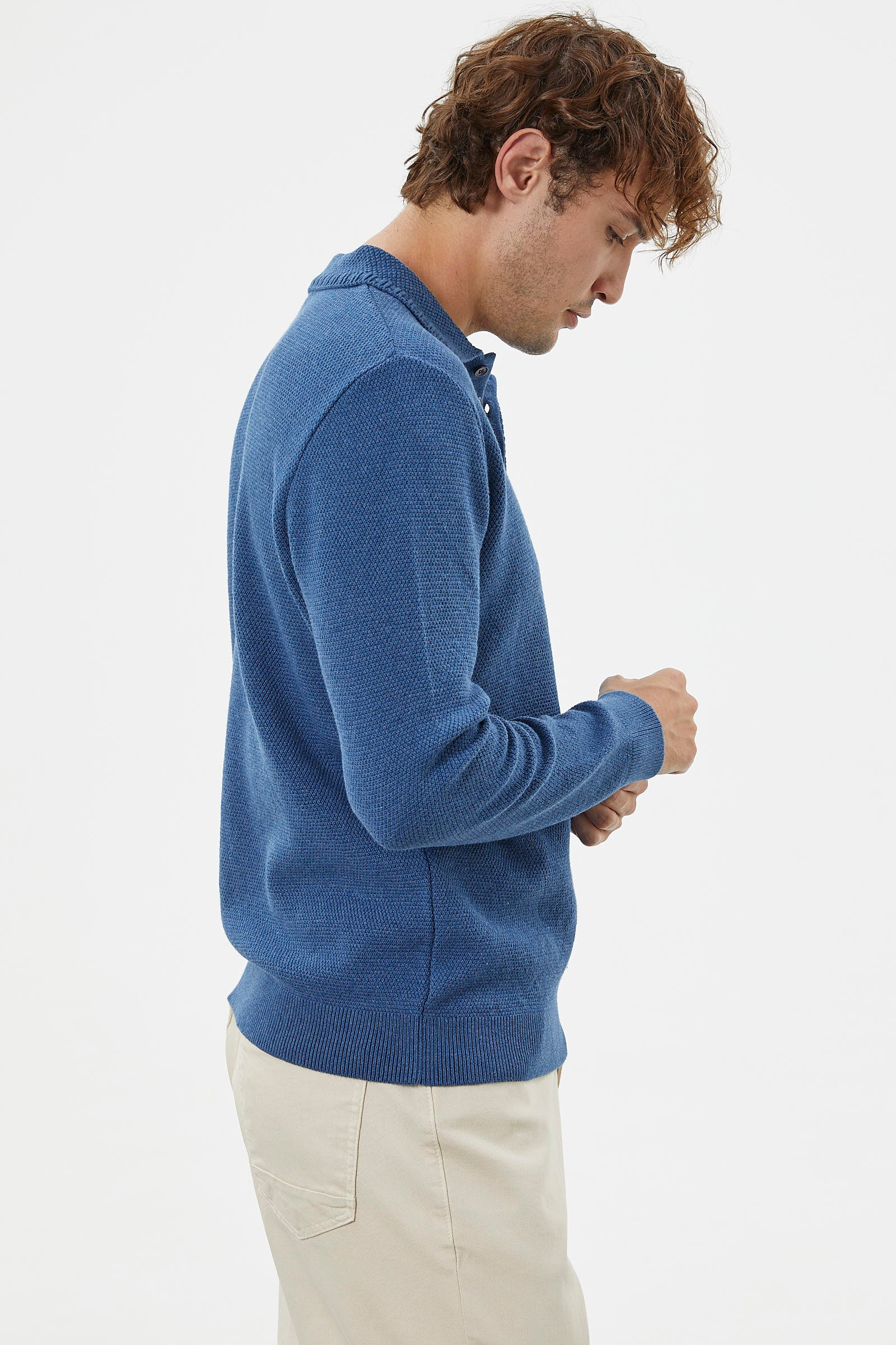 Polo Yaka Düğmeli Triko Kazak - Indigo (5) Sementa