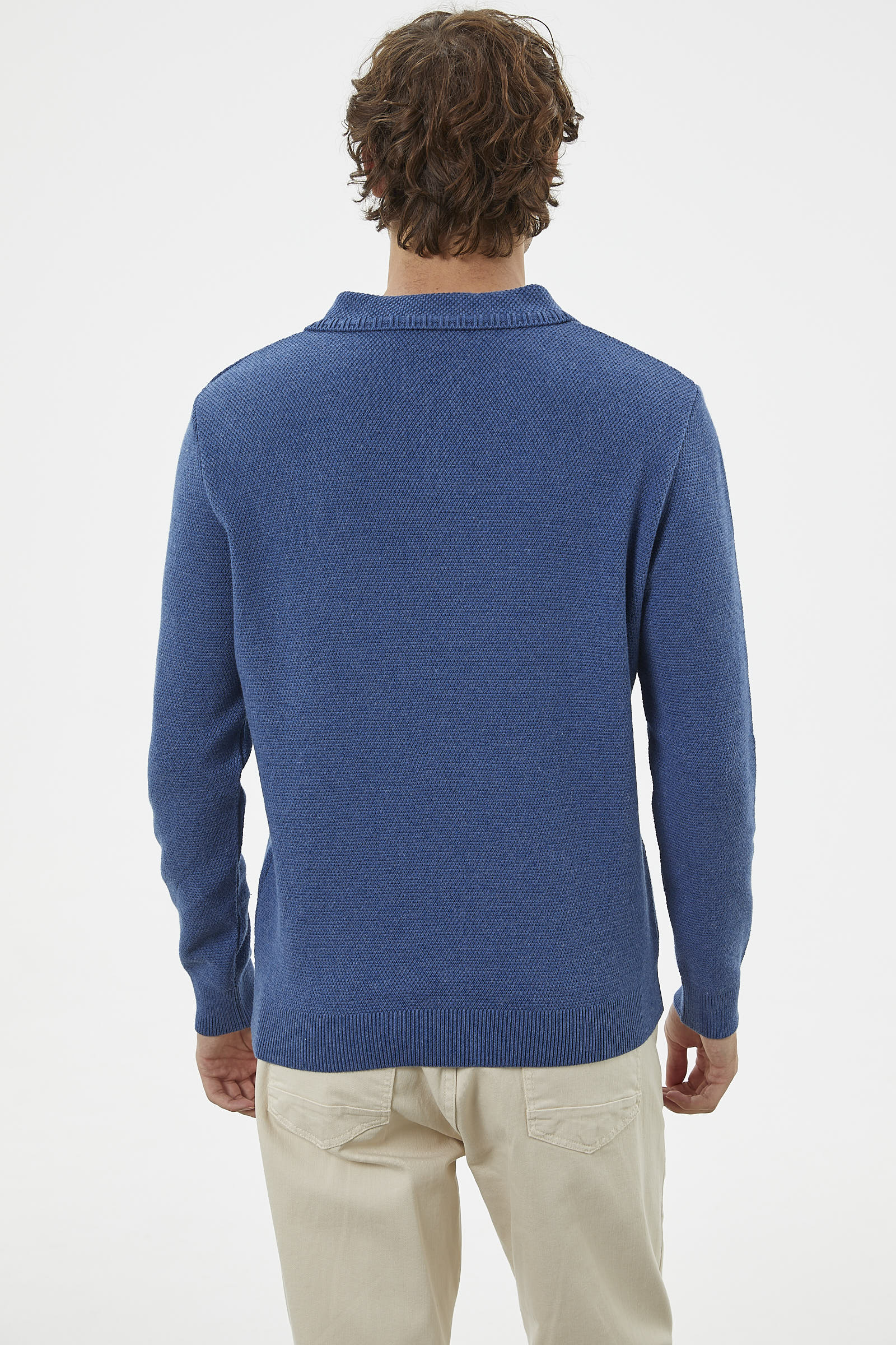 Polo Yaka Düğmeli Triko Kazak - Indigo (7) Sementa