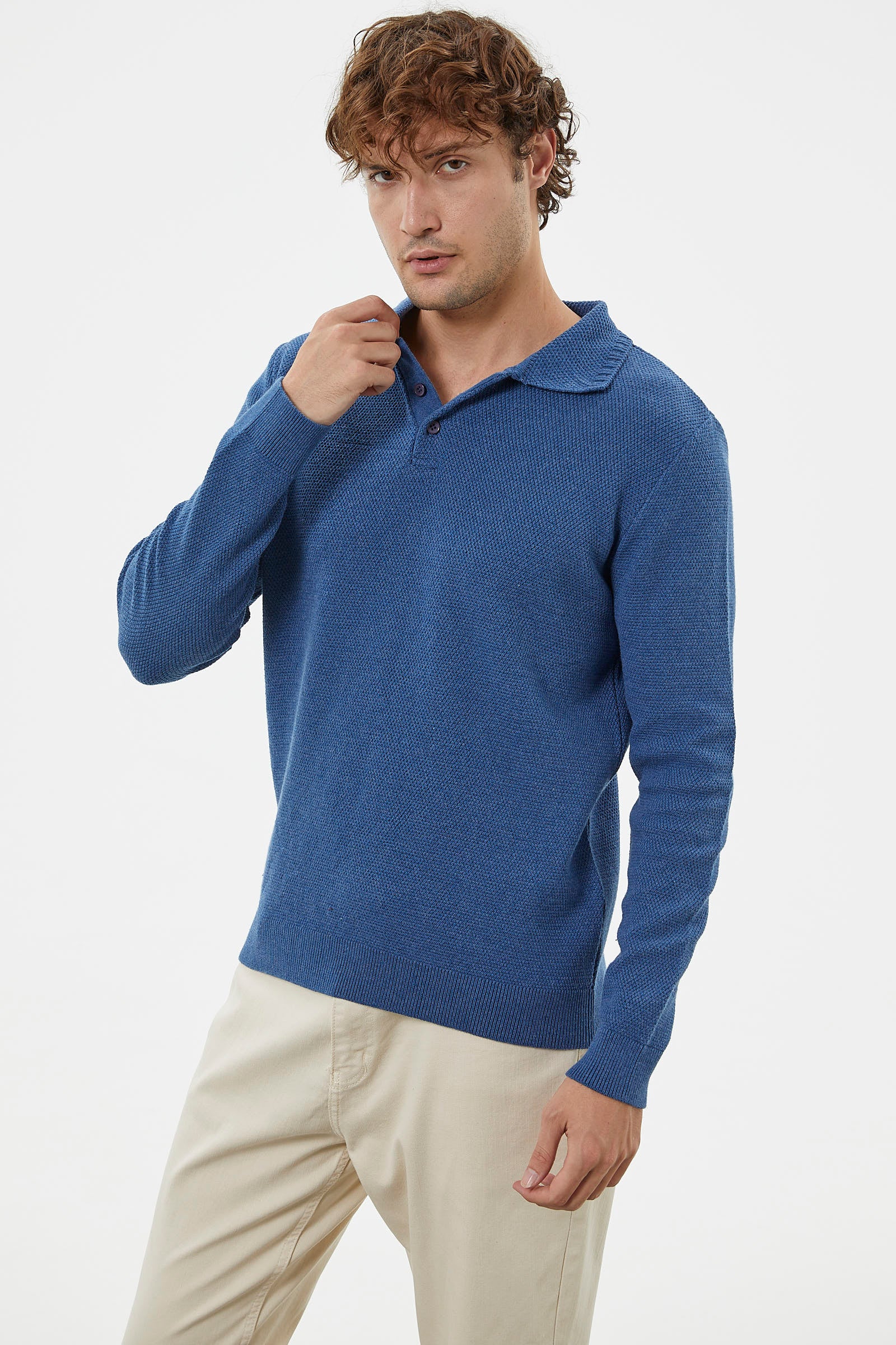 Polo Yaka Düğmeli Triko Kazak - Indigo (4) Sementa