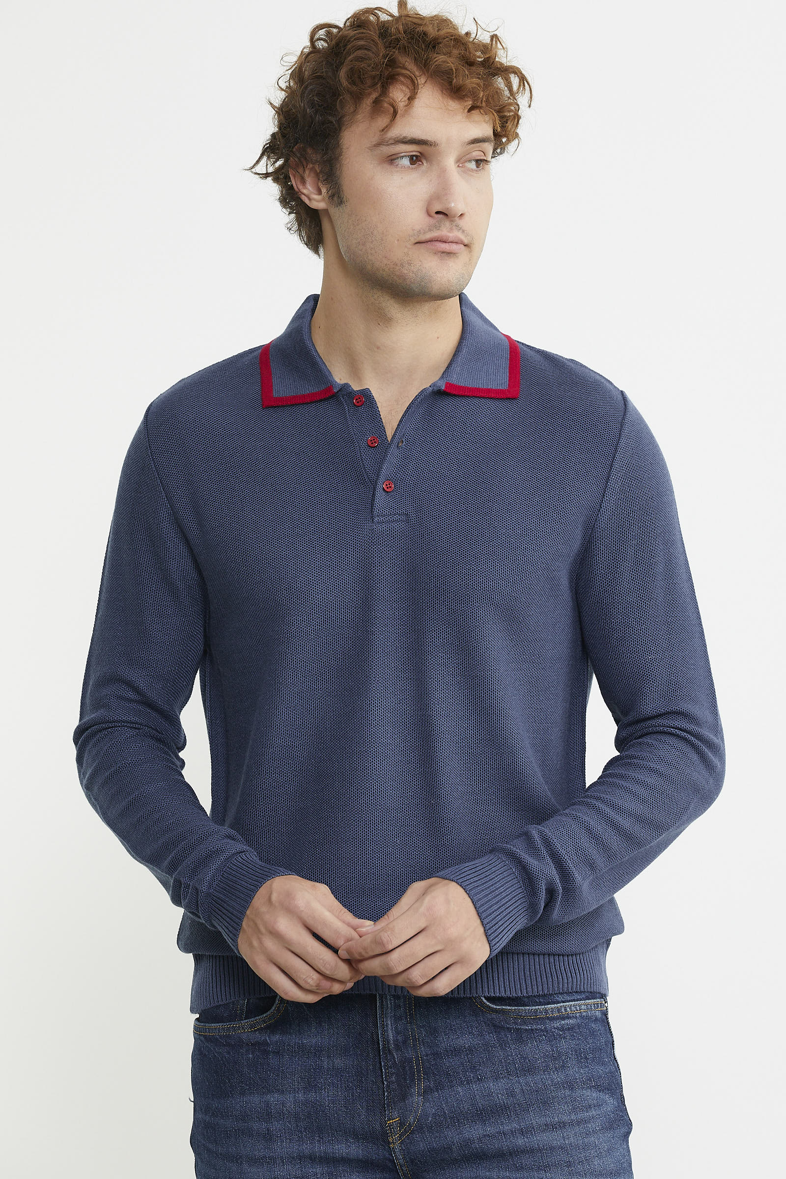 Polo Yaka Düğmeli Triko Kazak - Indigo - Sementa