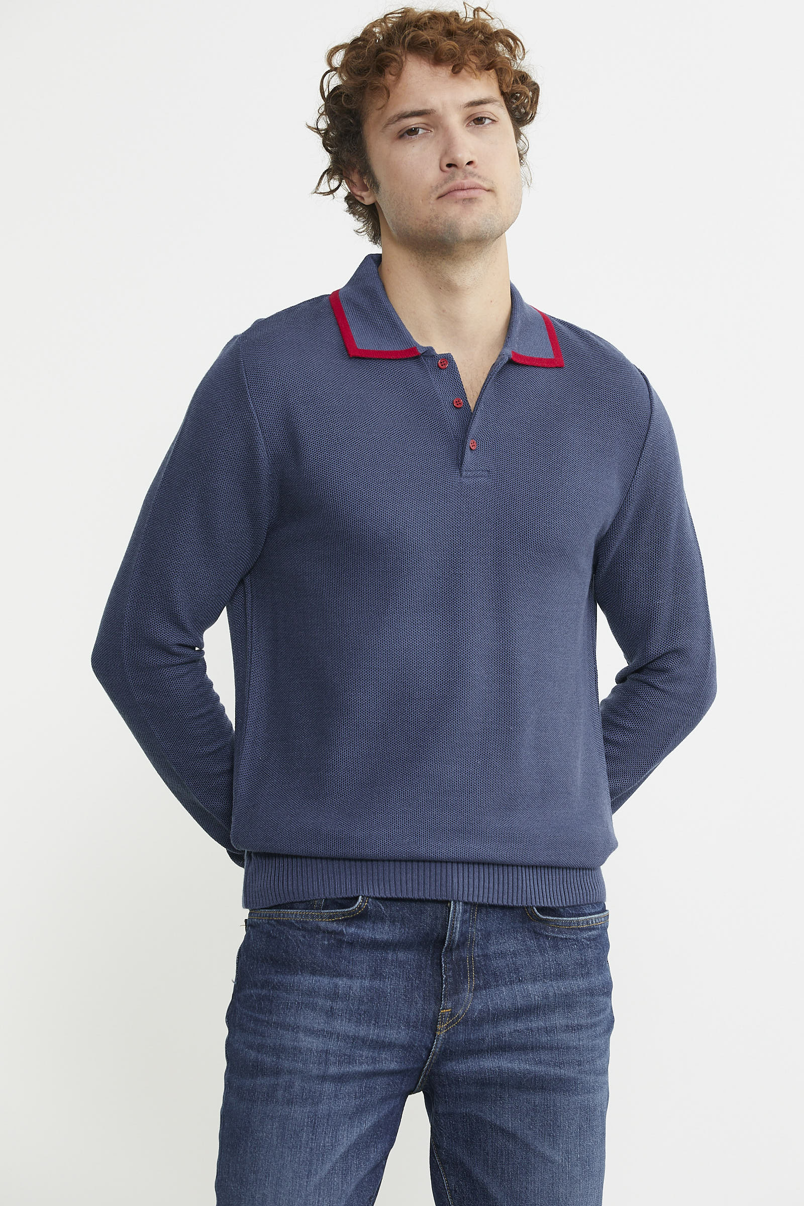 Polo Yaka Düğmeli Triko Kazak - Indigo - Sementa