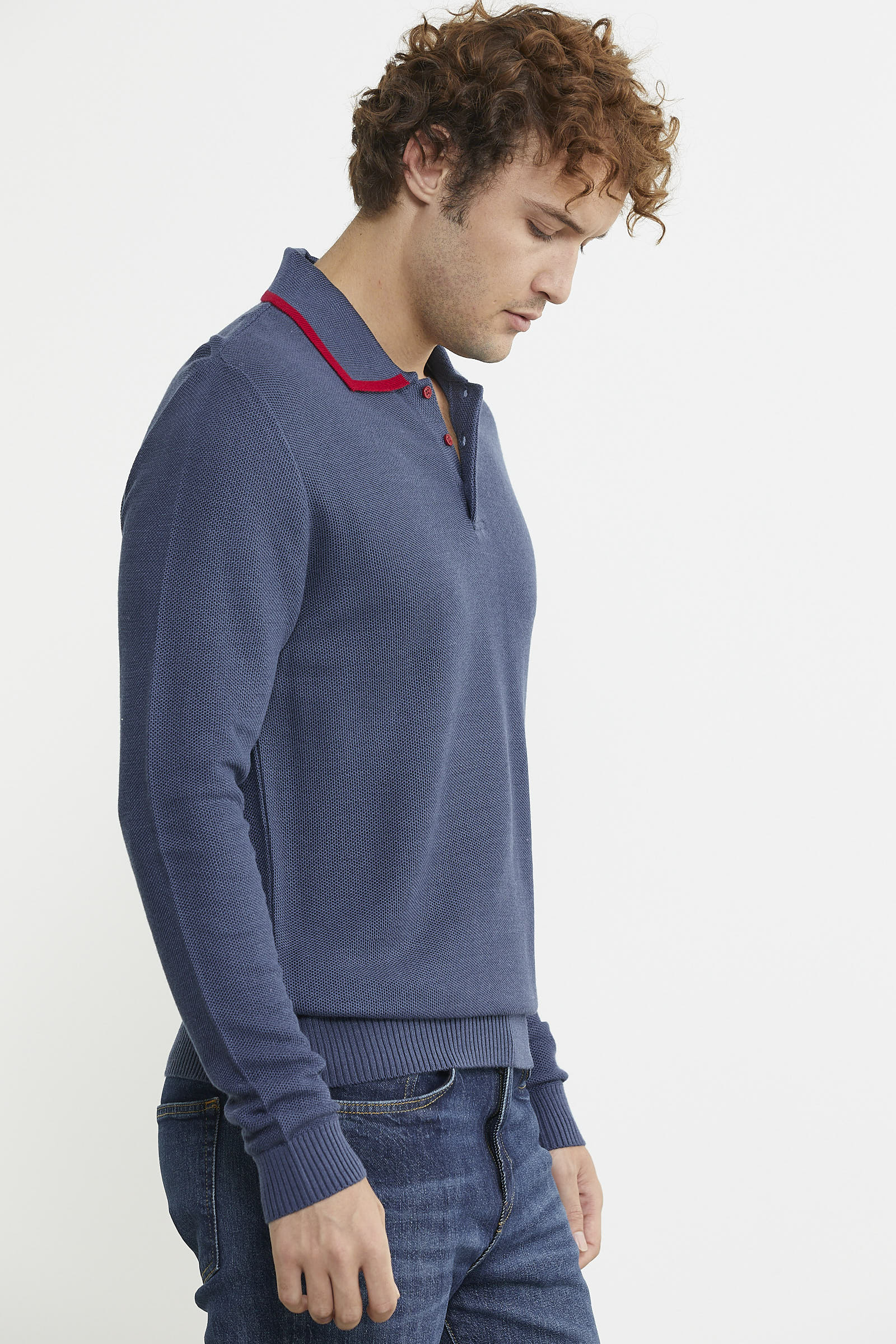 Polo Yaka Düğmeli Triko Kazak - Indigo - Sementa