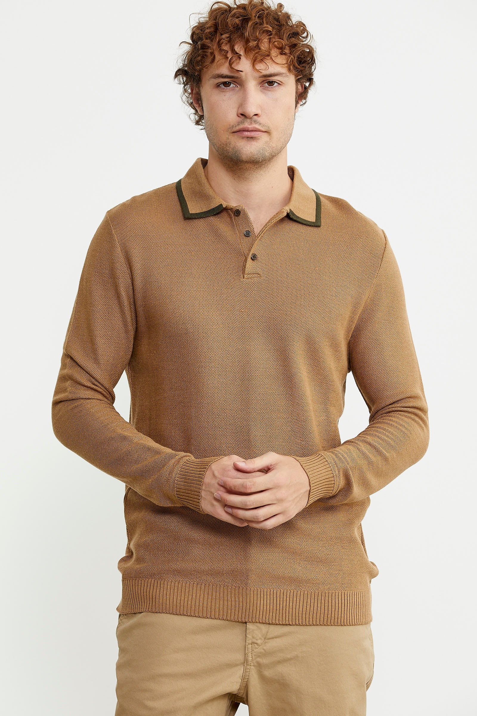 Polo Yaka Düğmeli Triko Kazak - Kamel - Sementa