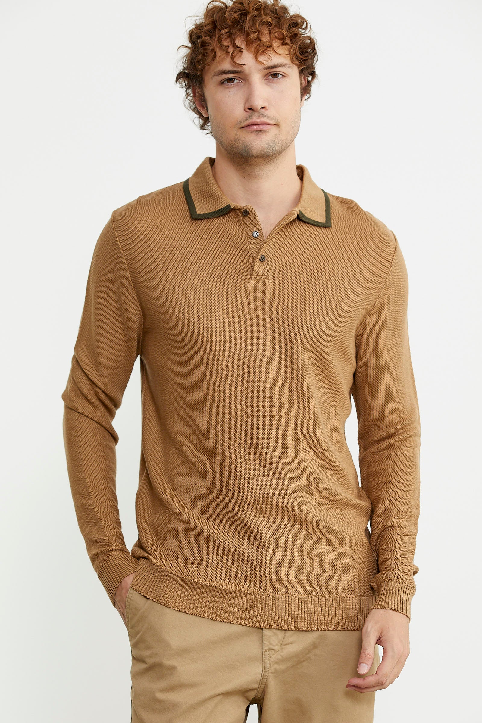 Polo Yaka Düğmeli Triko Kazak - Kamel - Sementa