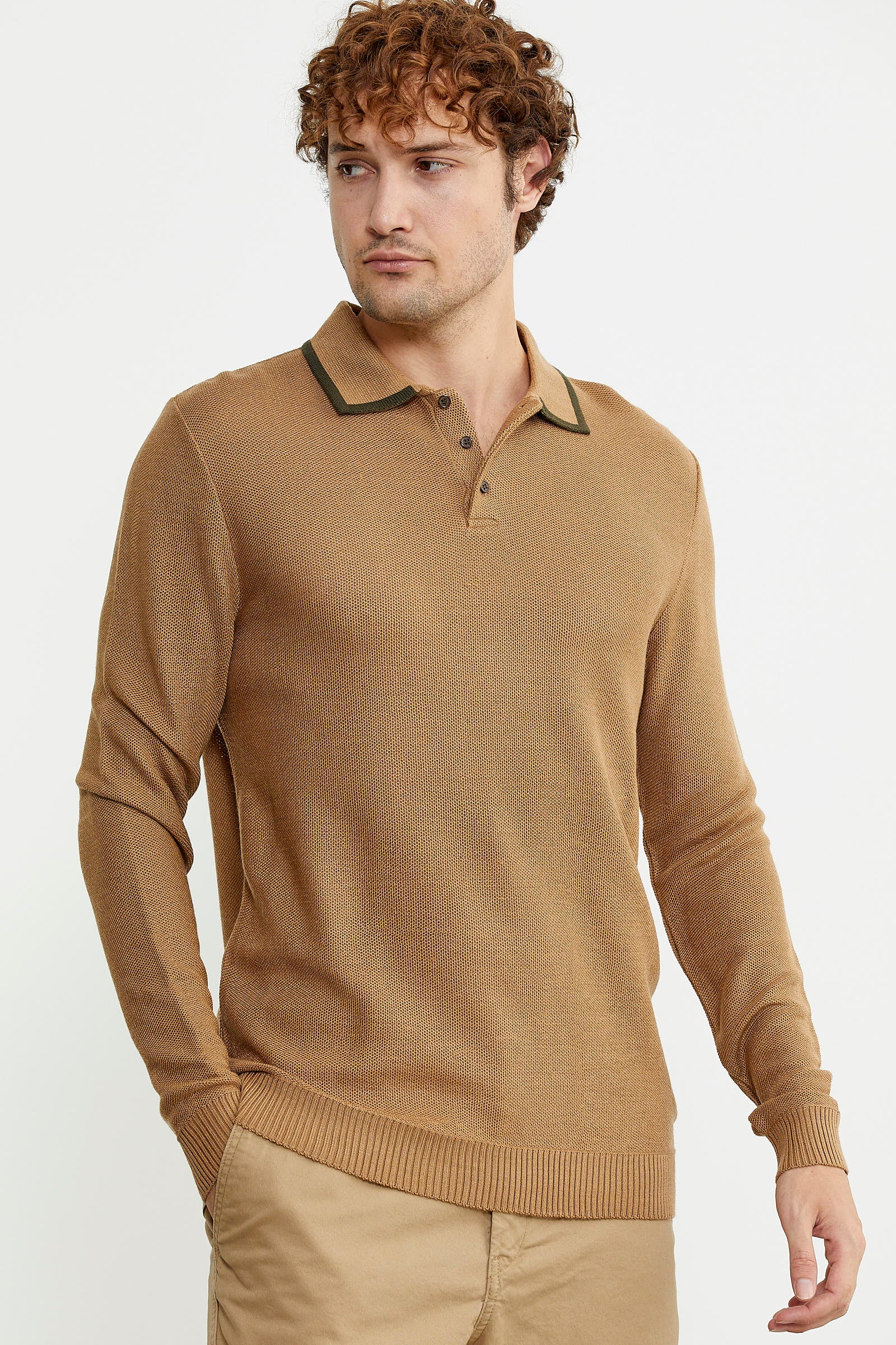 Polo Yaka Düğmeli Triko Kazak - Kamel - Sementa