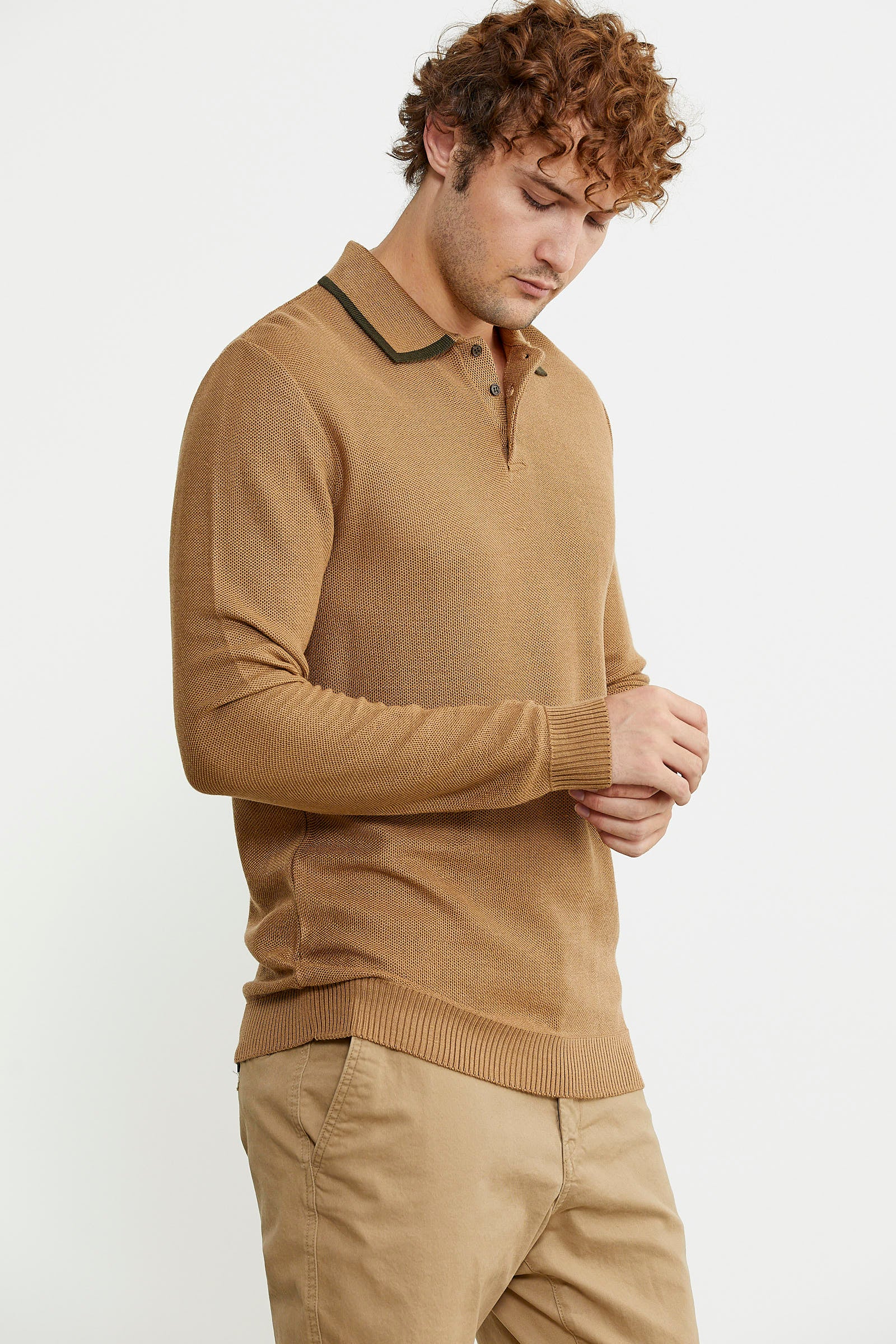 Polo Yaka Düğmeli Triko Kazak - Kamel - Sementa