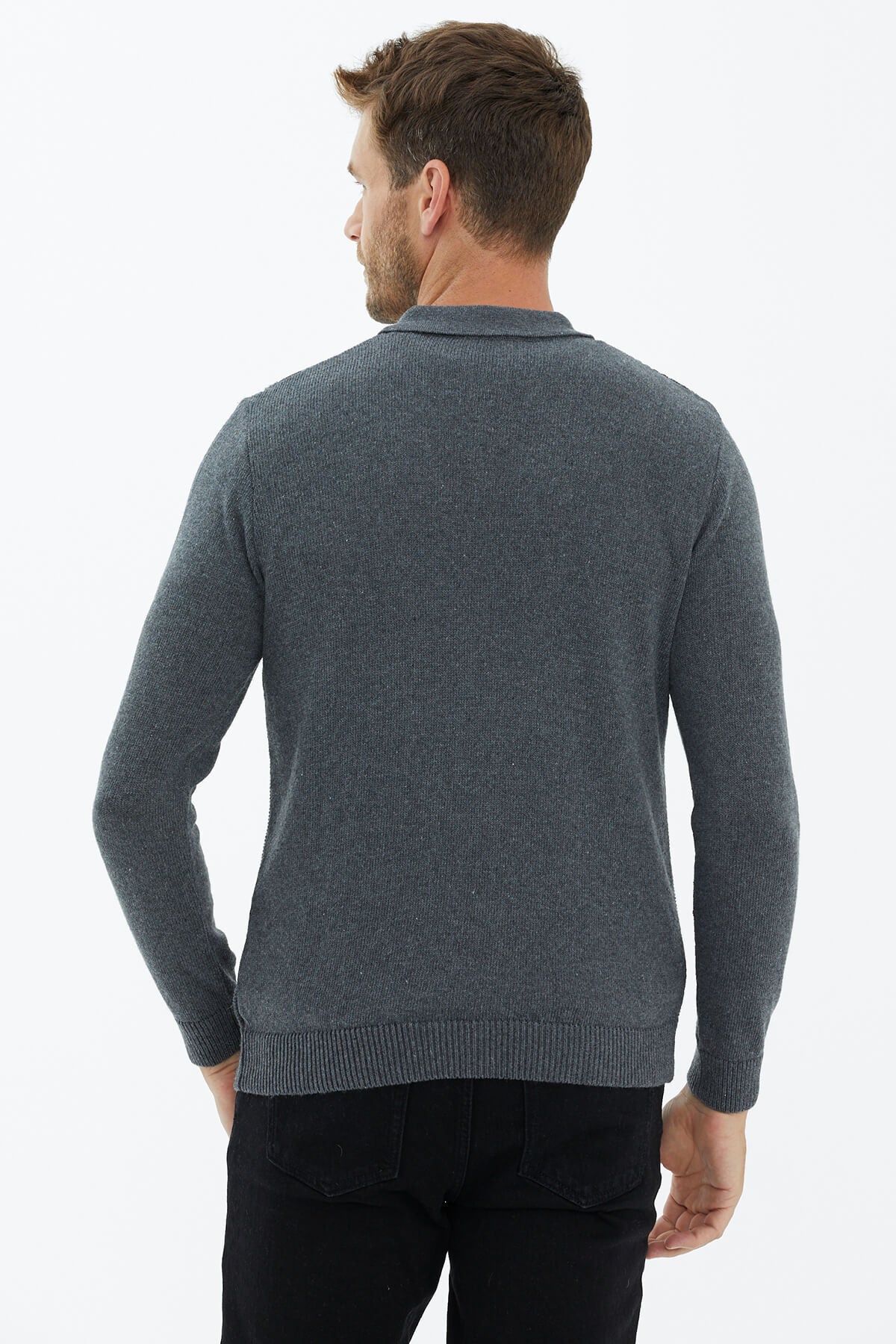 Polo Yaka Düğmeli Triko Kazak - Koyu Gri (4) Sementa