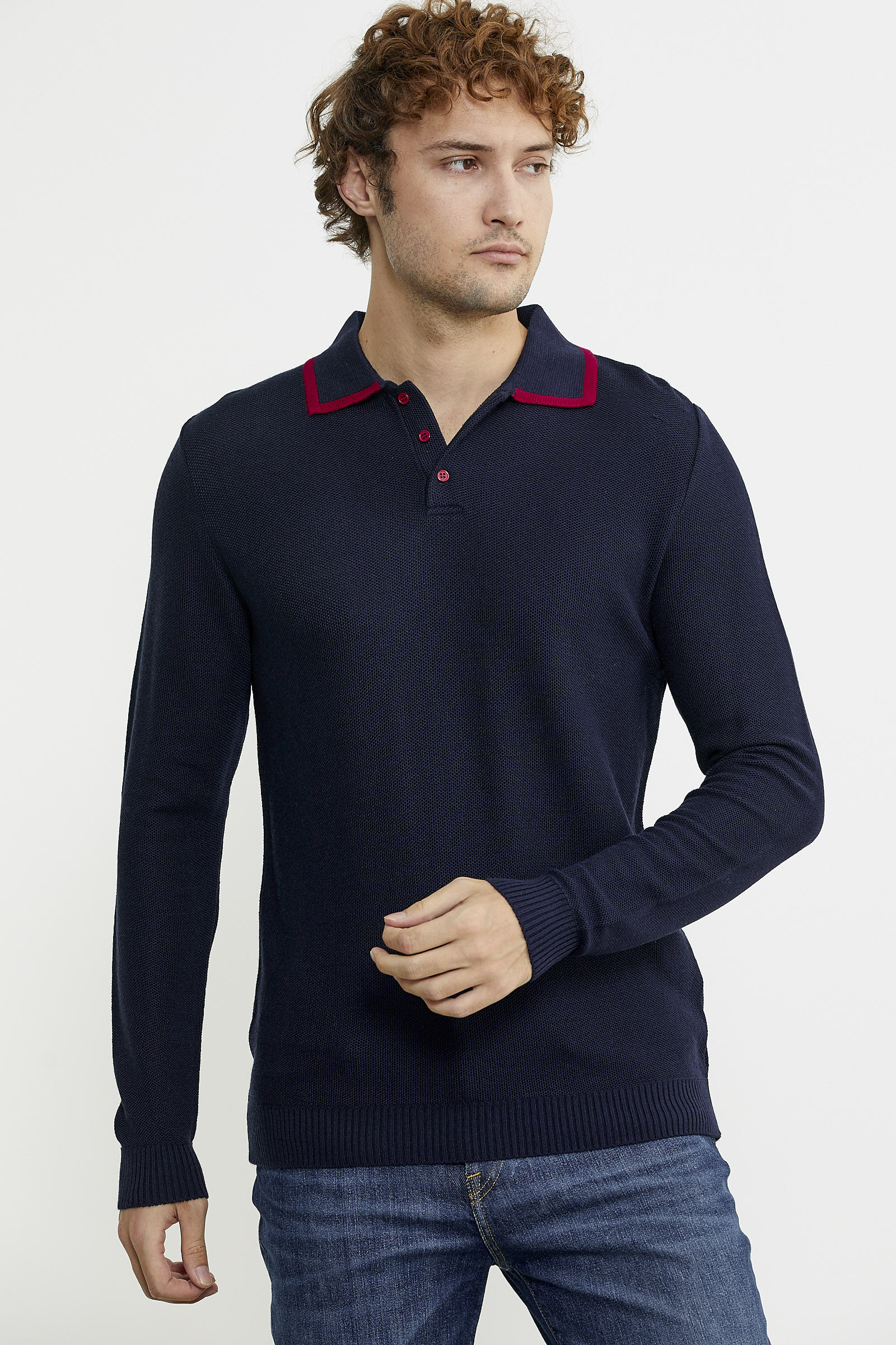 Polo Yaka Düğmeli Triko Kazak - Lacivert - Sementa