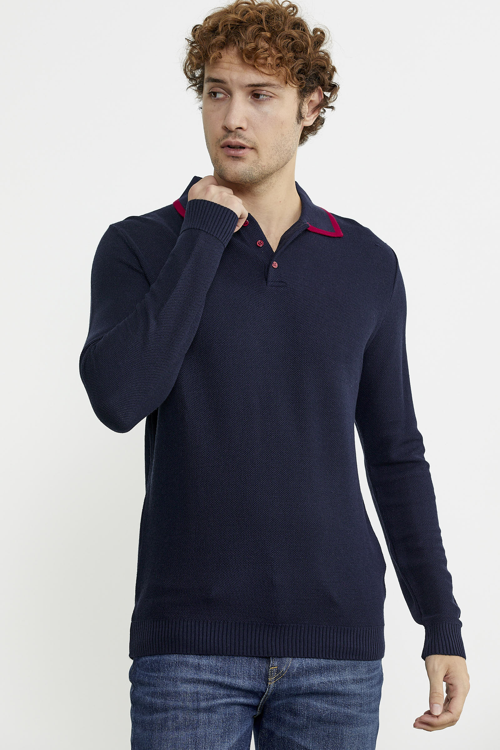 Polo Yaka Düğmeli Triko Kazak - Lacivert - Sementa