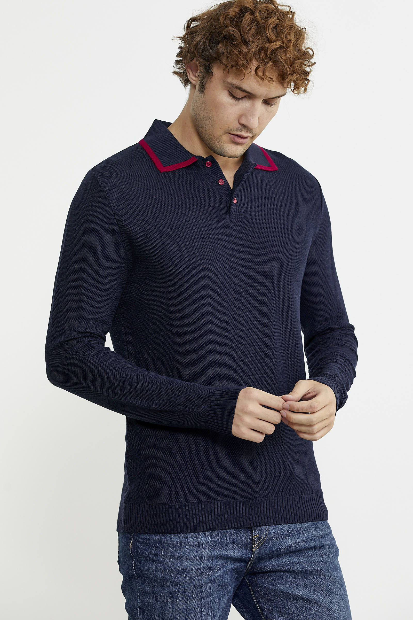 Polo Yaka Düğmeli Triko Kazak - Lacivert - Sementa