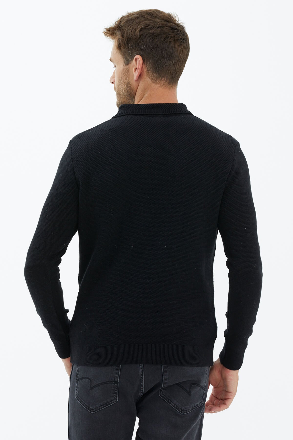 Polo Yaka Düğmeli Triko Kazak - Siyah (4) Sementa