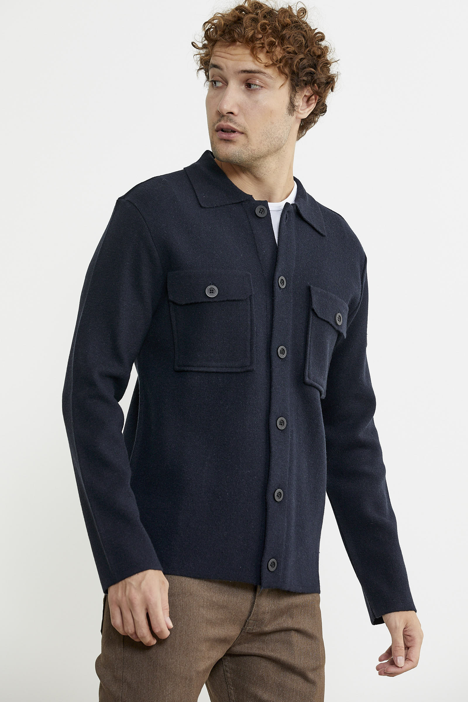 Polo Yaka Düğmeli Yünlü Triko Hırka - Lacivert - Sementa